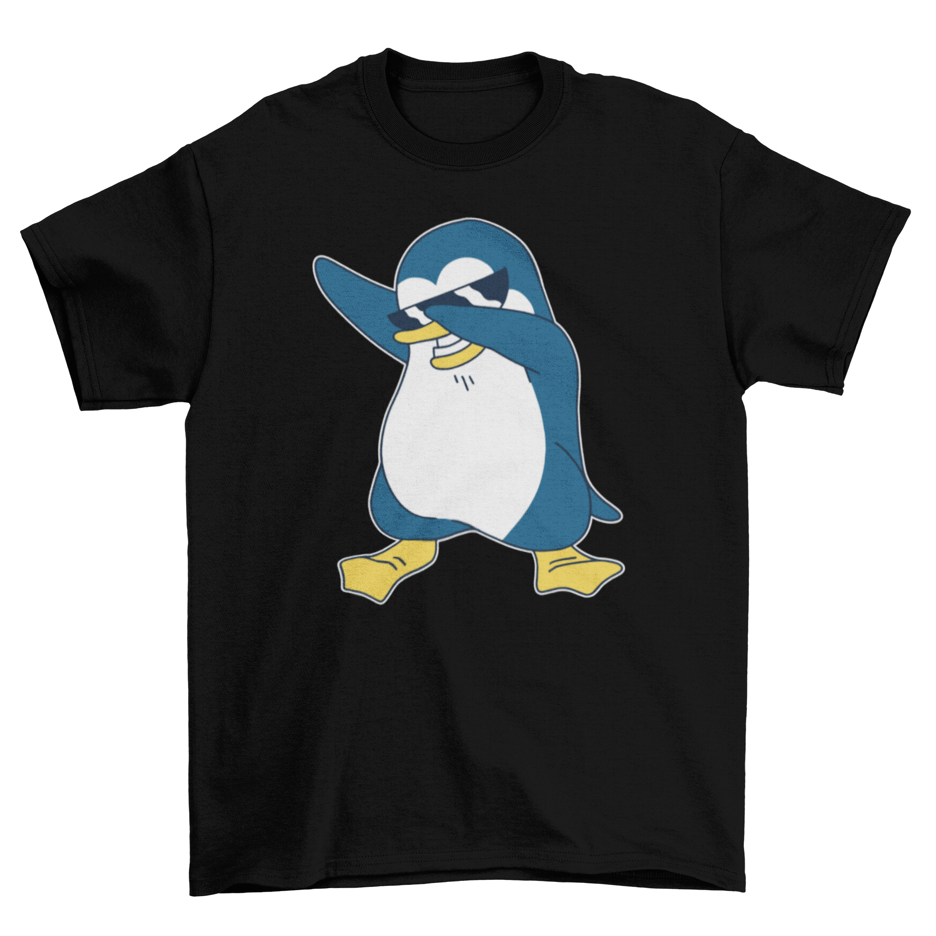 A humorous t-shirt featuring a penguin wearing sunglasses and dabbing, showcasing a fun design.