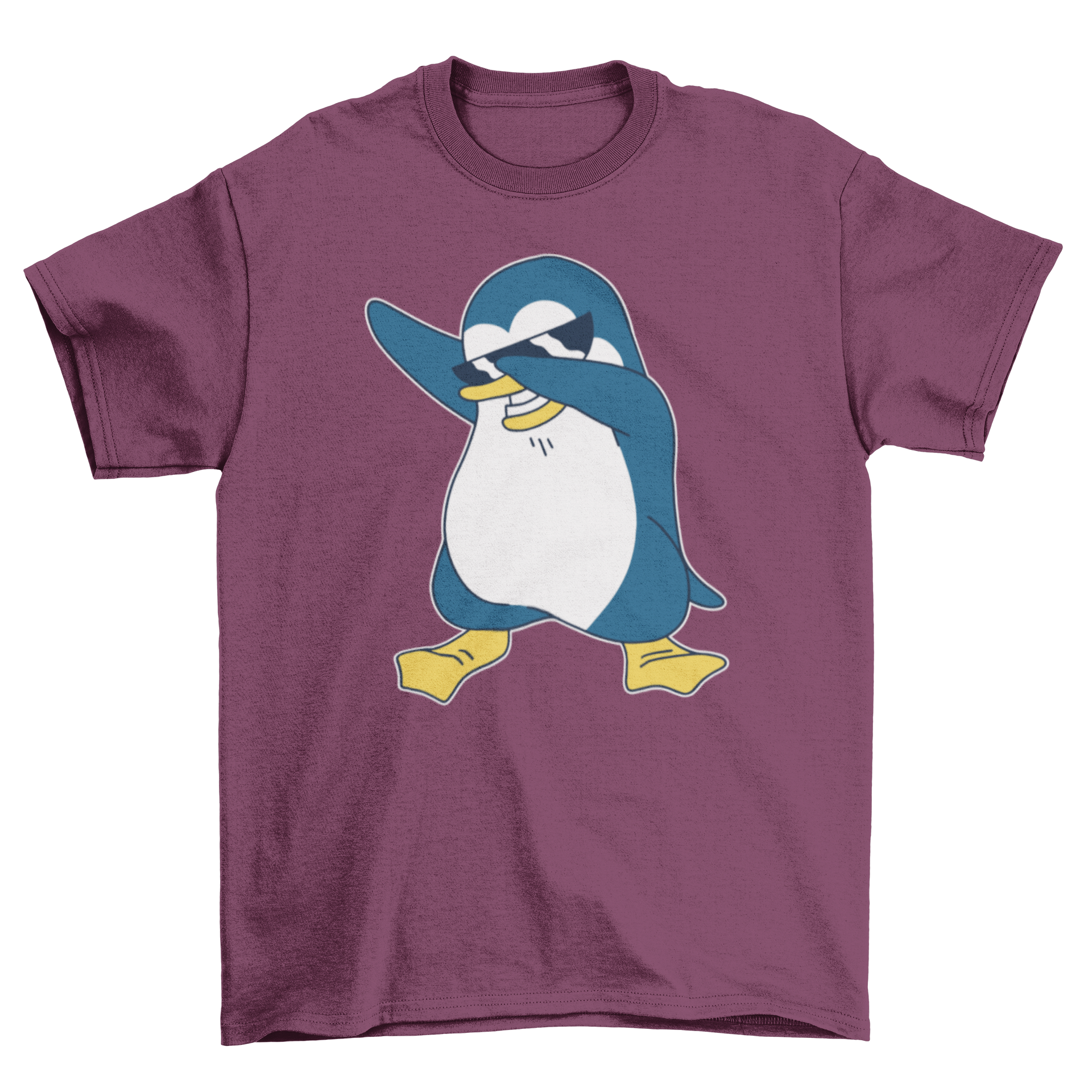 A humorous t-shirt featuring a penguin wearing sunglasses and dabbing, showcasing a fun design.