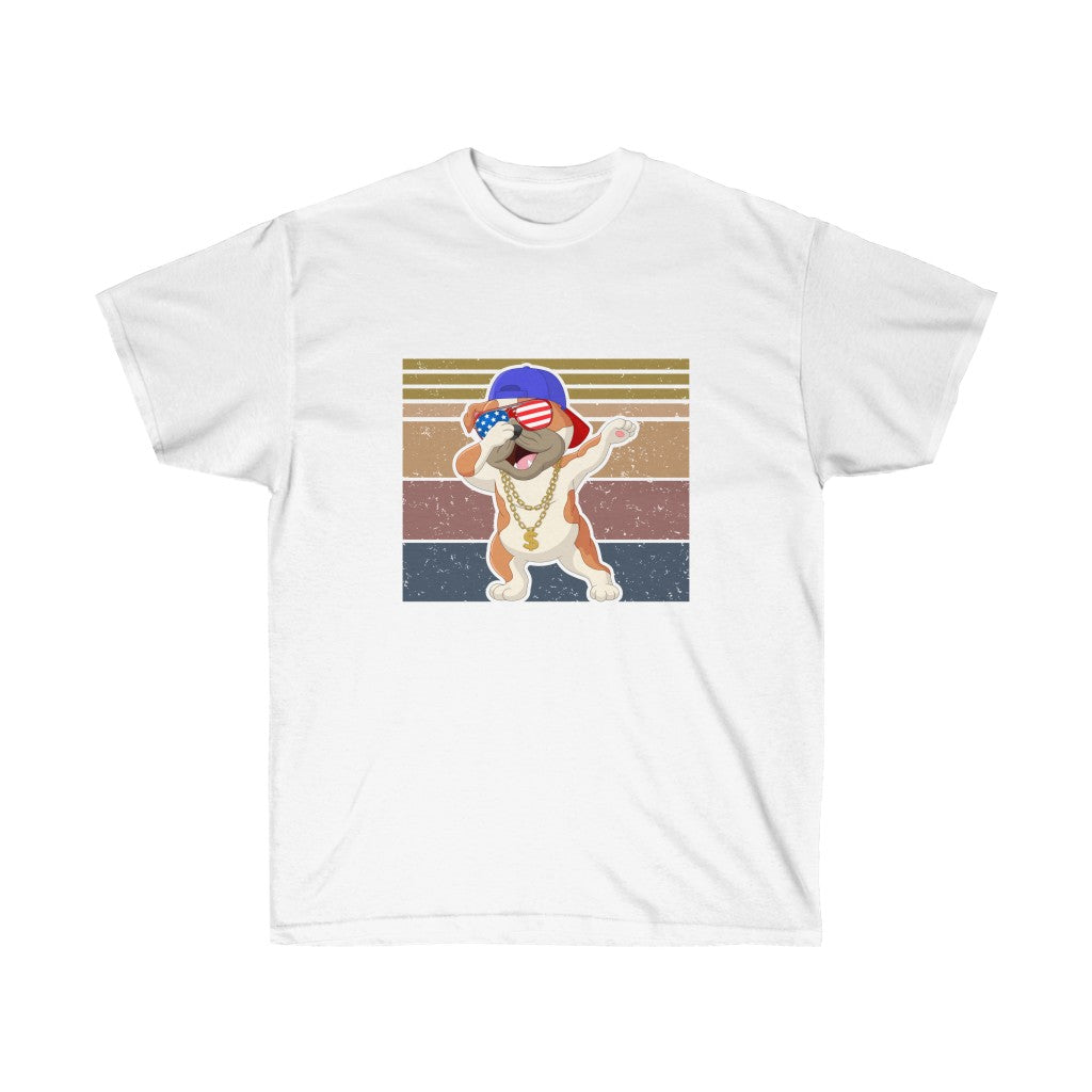 A Dabbing Pug Patriotic T-Shirt featuring a playful pug design in vibrant colors, made from soft cotton material.