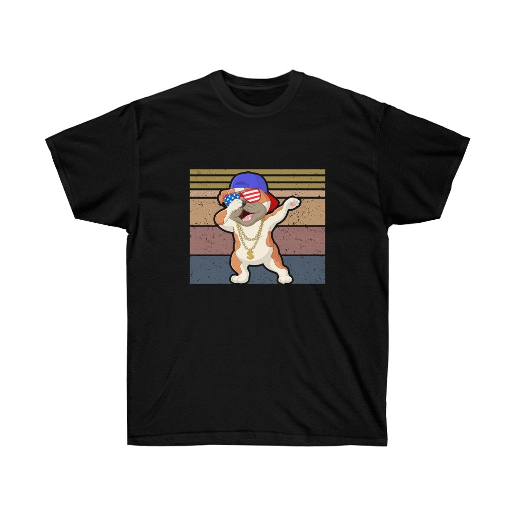 A Dabbing Pug Patriotic T-Shirt featuring a playful pug design in vibrant colors, made from soft cotton material.