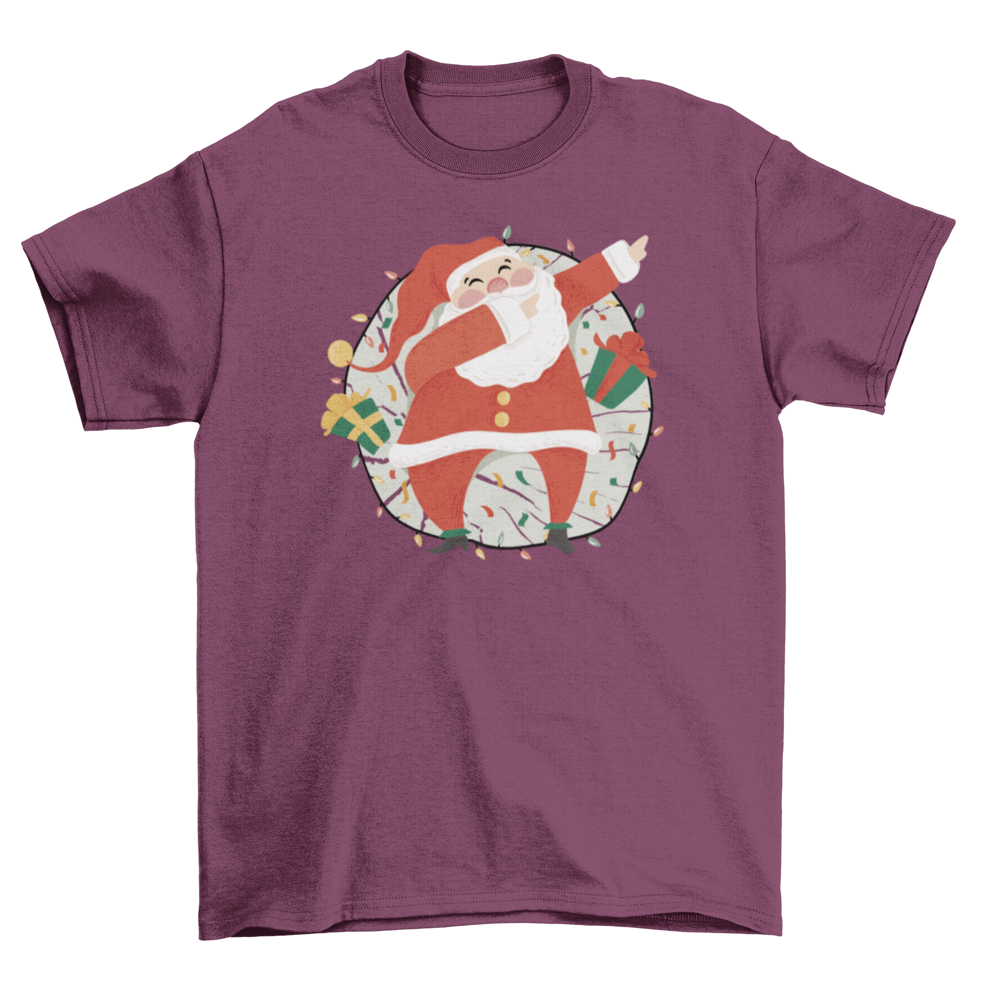 Dabbing Santa Claus graphic on a festive Christmas t-shirt, showcasing a playful design perfect for holiday celebrations.