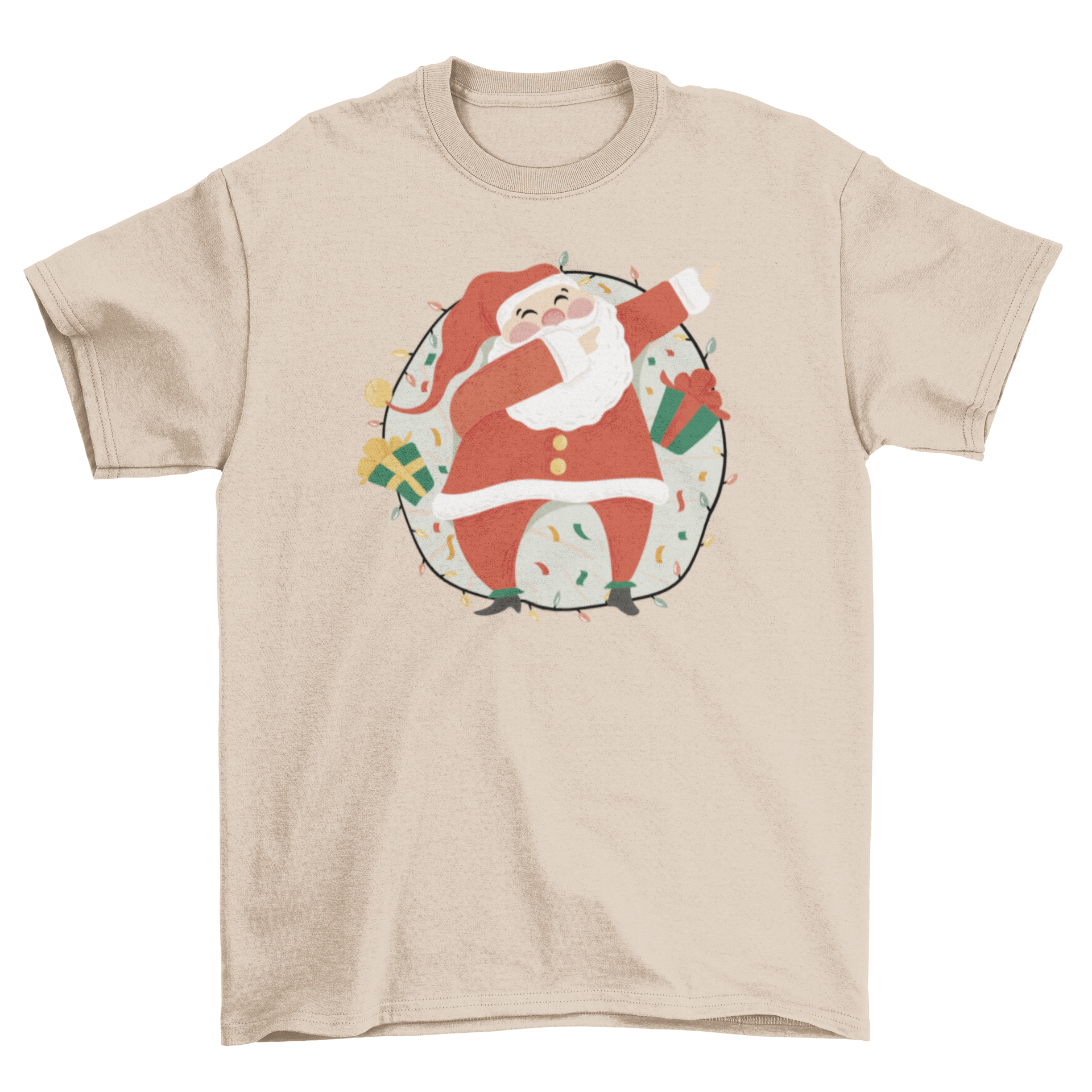 Dabbing Santa Claus graphic on a festive Christmas t-shirt, showcasing a playful design perfect for holiday celebrations.