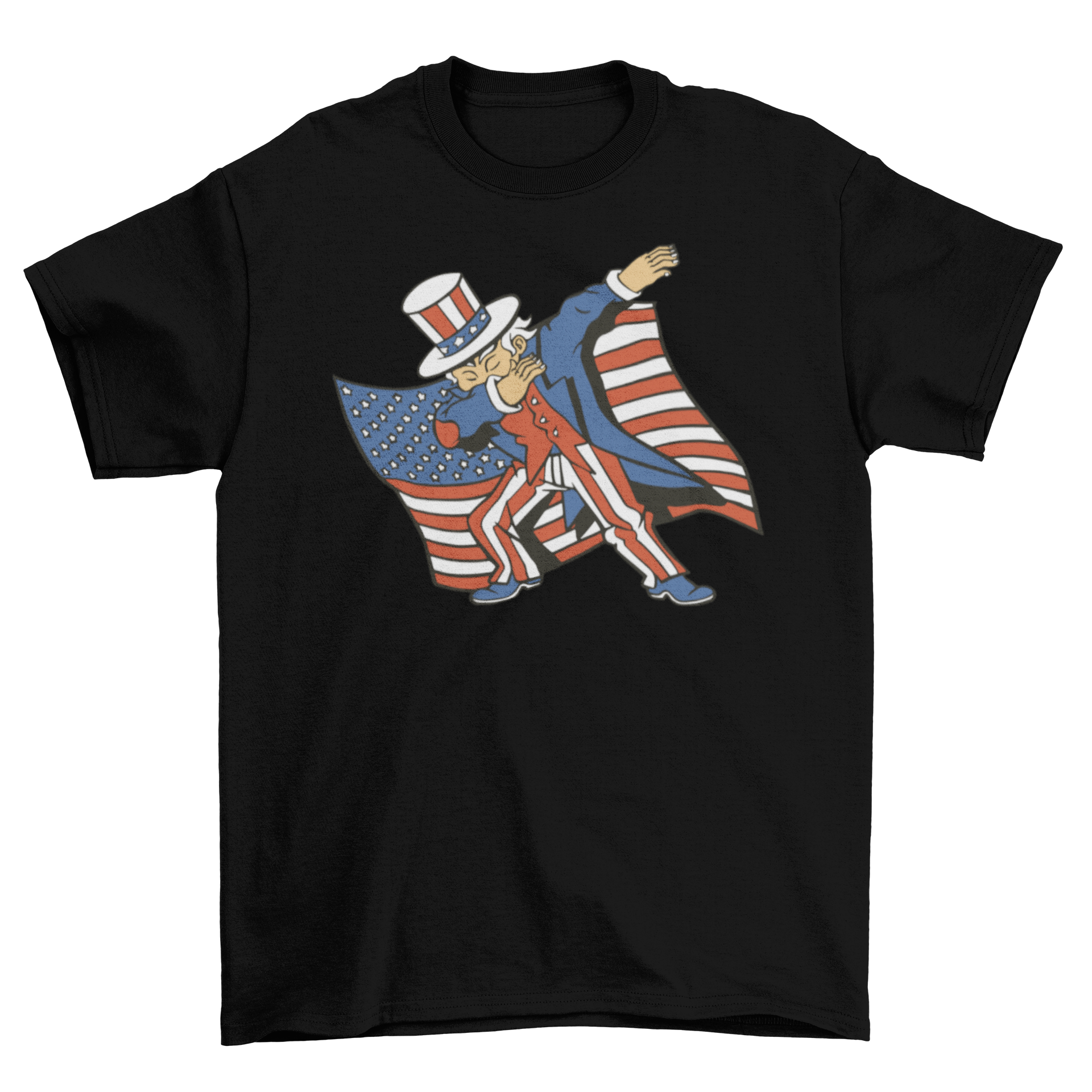 Dabbing Uncle Sam t-shirt featuring a colorful design with the American flag.