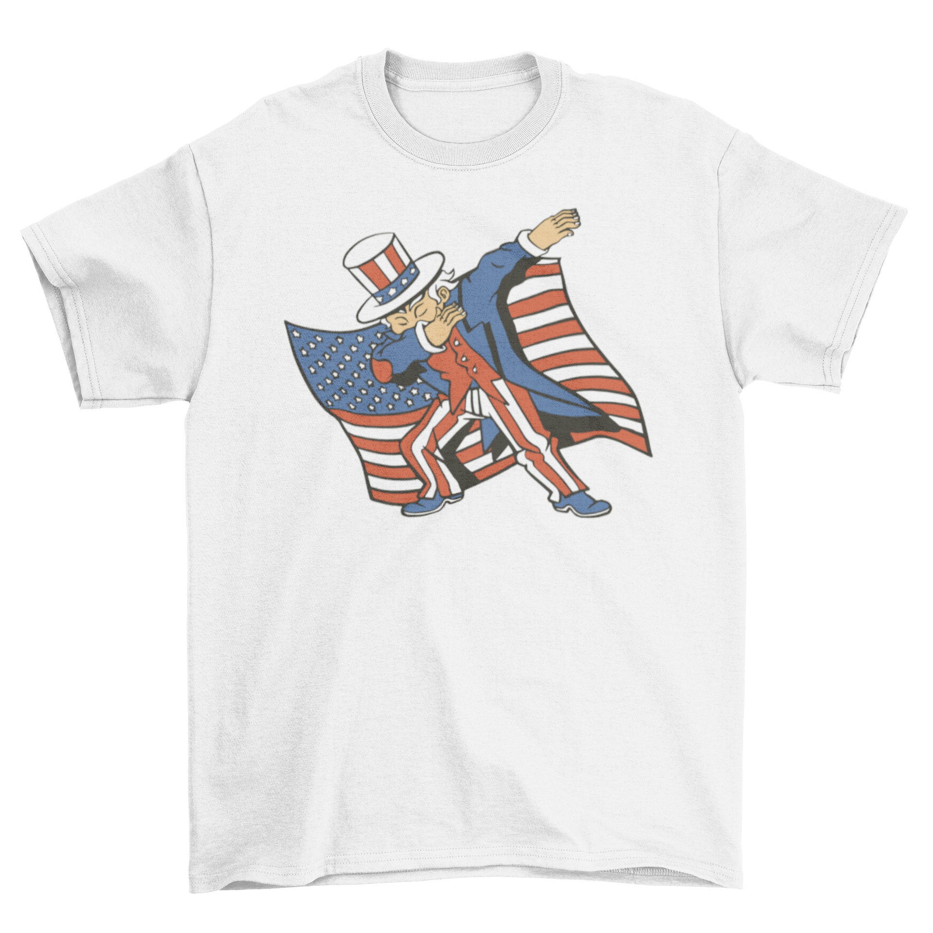 Dabbing Uncle Sam t-shirt featuring a colorful design with the American flag.