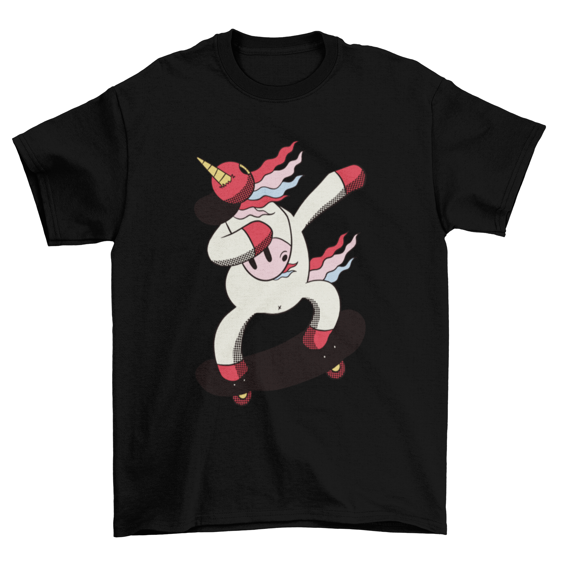 A colorful t-shirt featuring a cartoon unicorn dabbing on a skateboard, showcasing a fun and playful design.