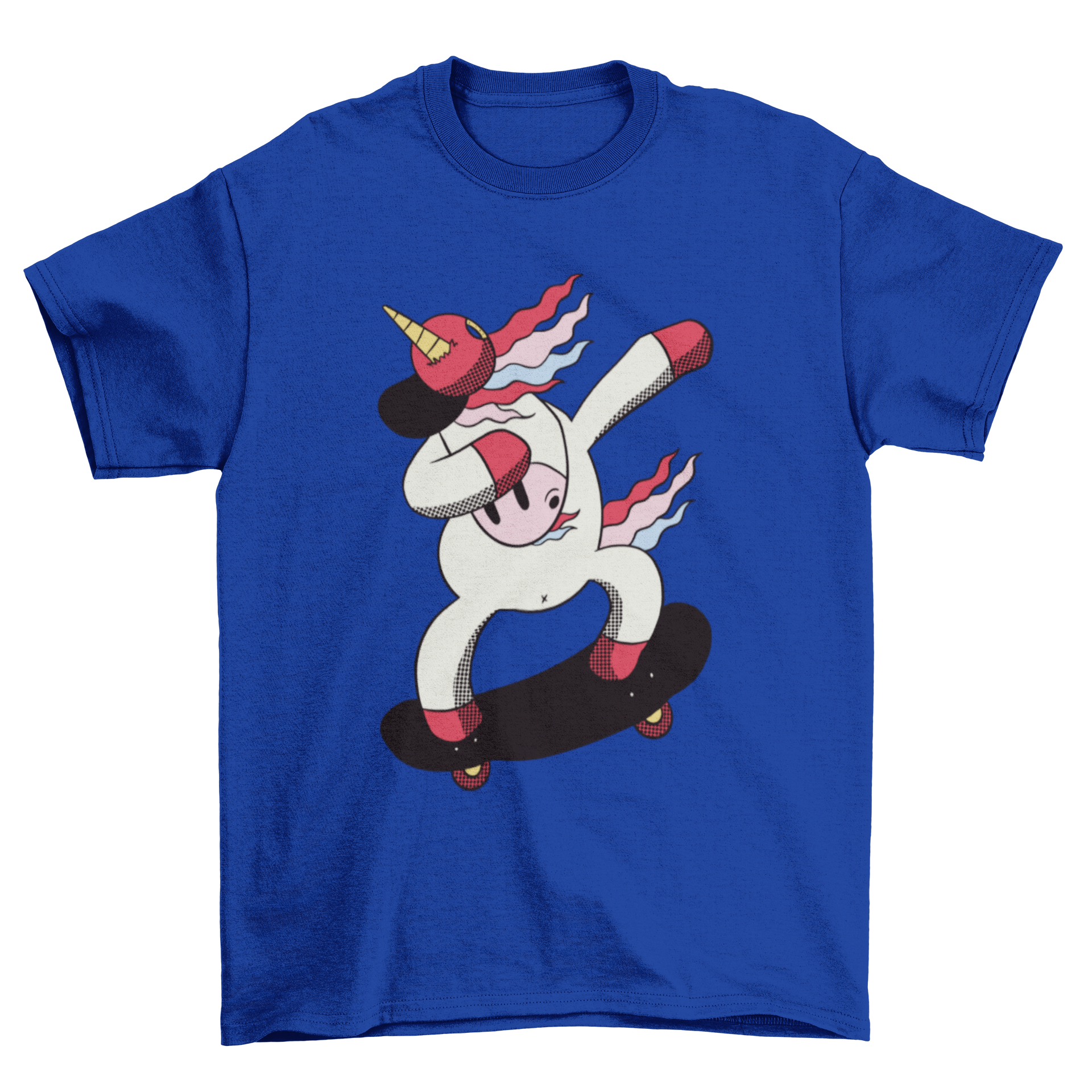 A colorful t-shirt featuring a cartoon unicorn dabbing on a skateboard, showcasing a fun and playful design.