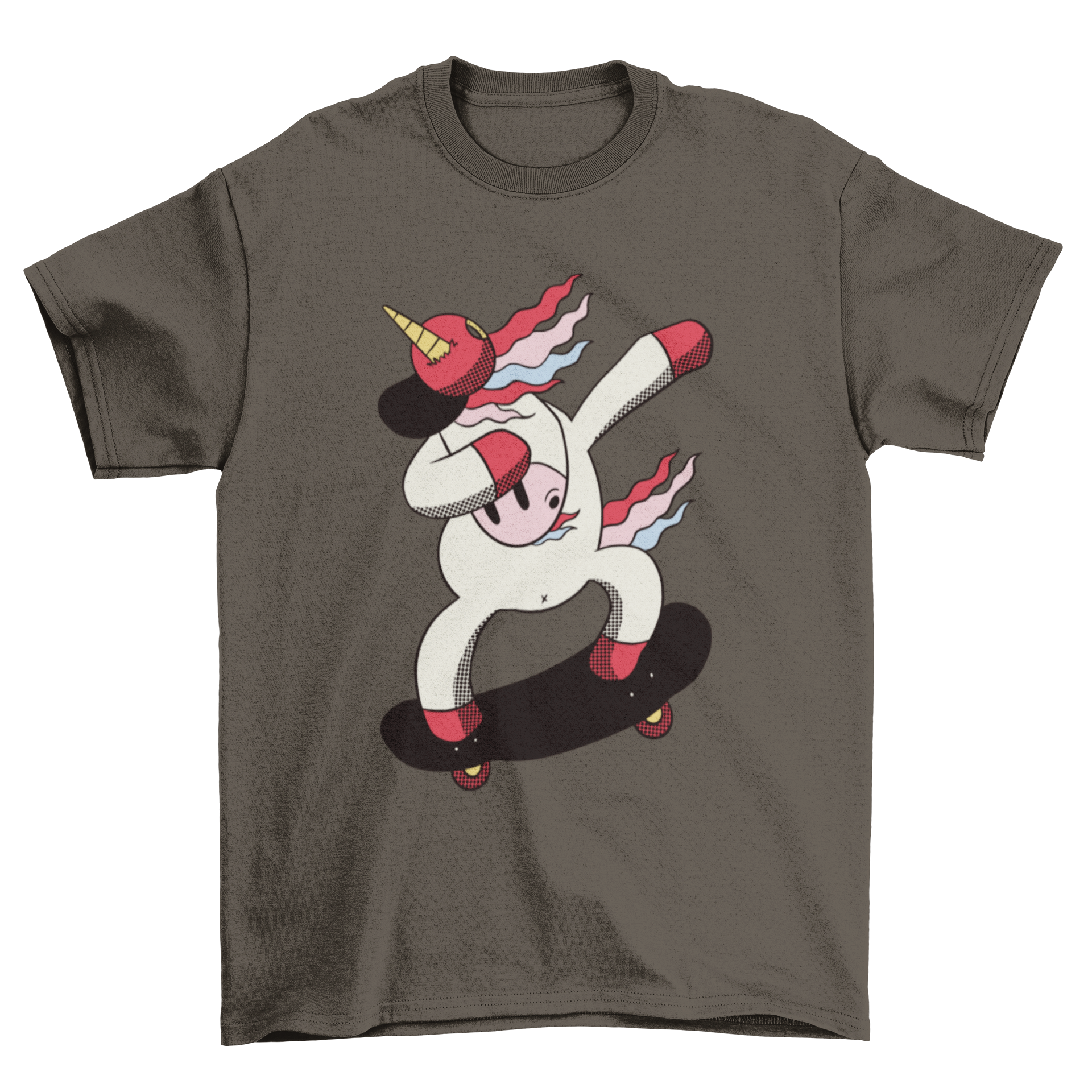 A colorful t-shirt featuring a cartoon unicorn dabbing on a skateboard, showcasing a fun and playful design.