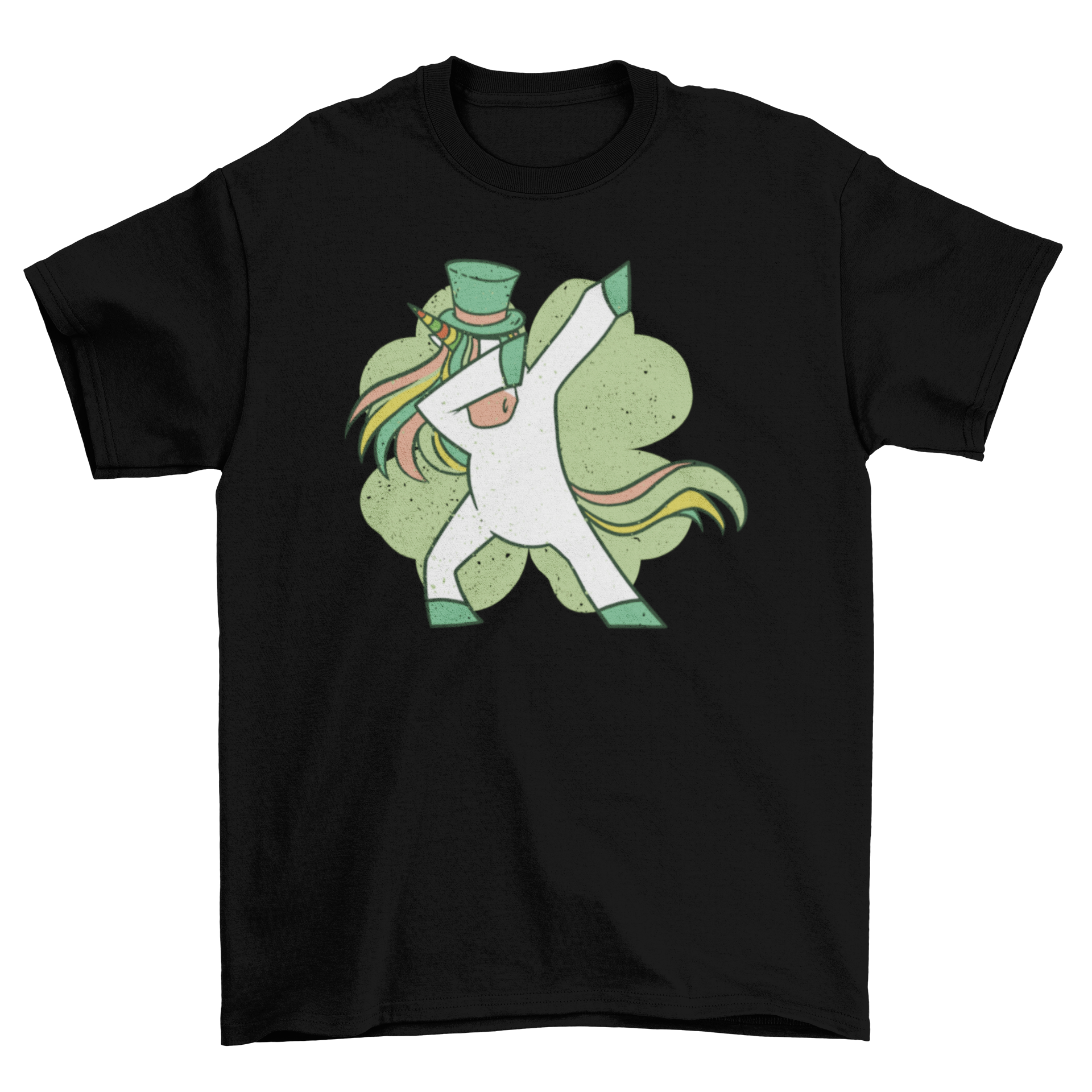 A colorful St. Patrick's Day t-shirt featuring a dabbing unicorn dressed as a leprechaun, perfect for festive celebrations.