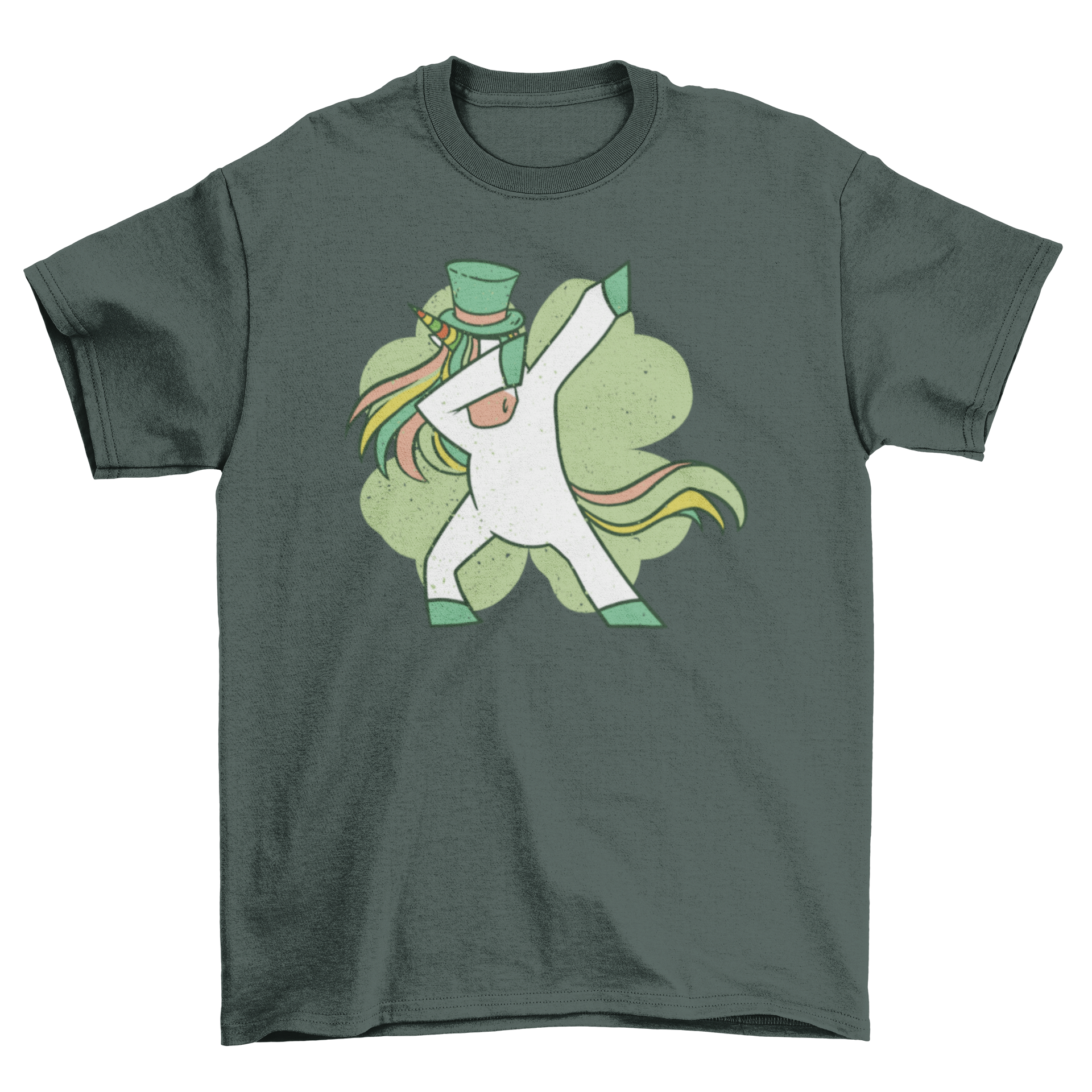 A colorful St. Patrick's Day t-shirt featuring a dabbing unicorn dressed as a leprechaun, perfect for festive celebrations.