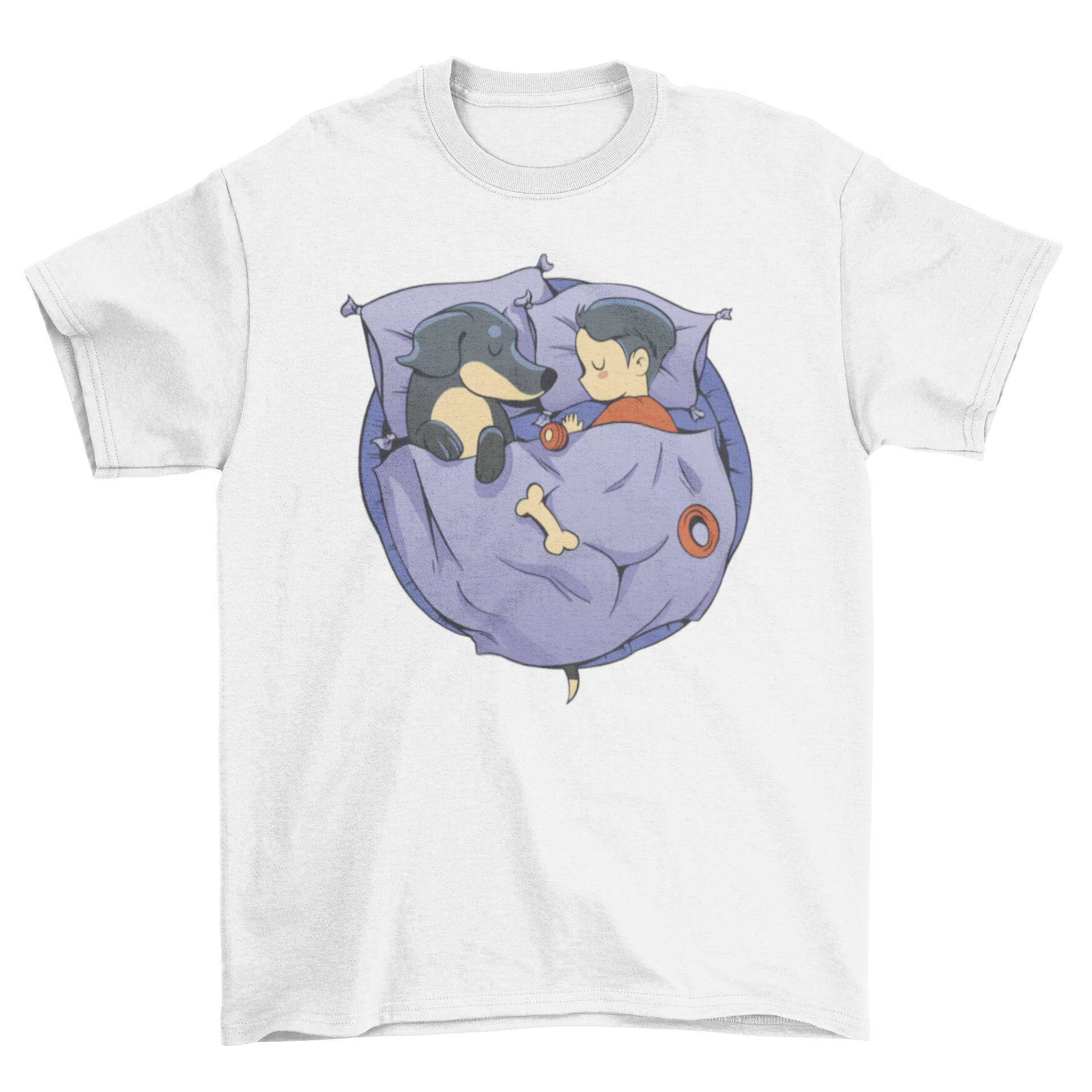 A cute t-shirt featuring a dachshund dog and a sleeping child, showcasing a whimsical design perfect for dog lovers.