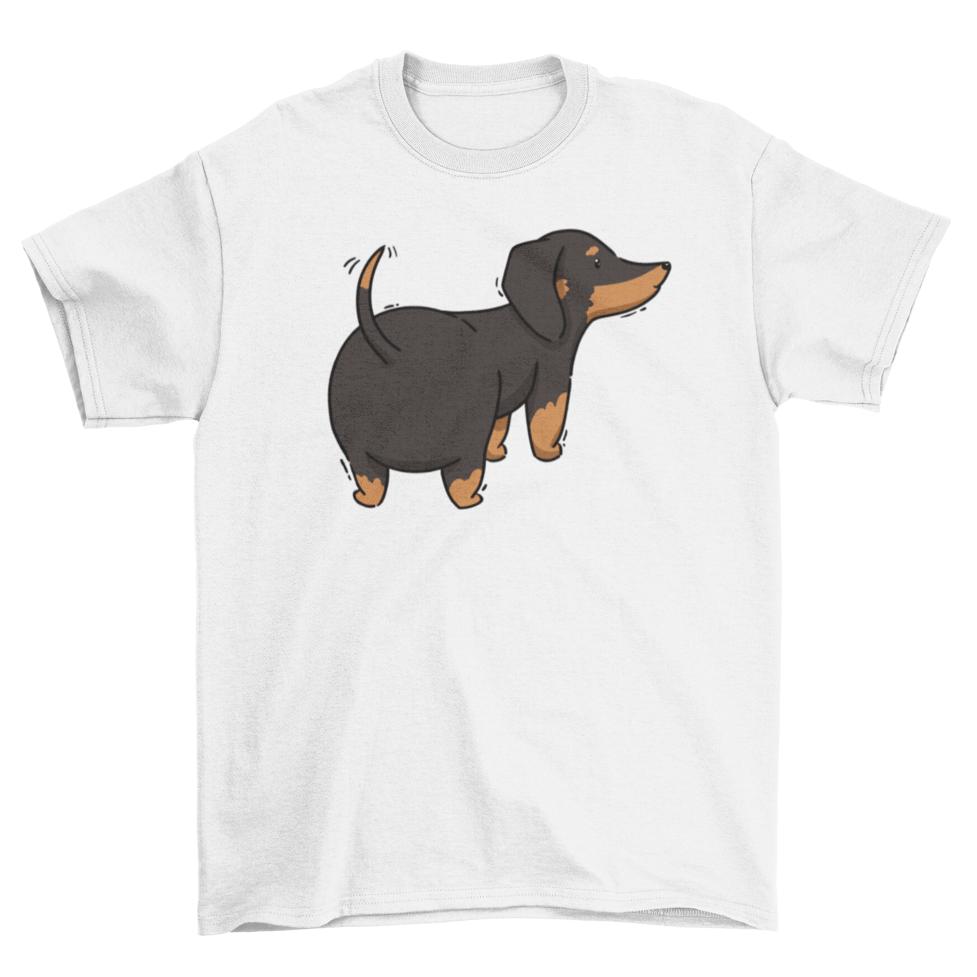 A cute dachshund dog waving its tail on a soft t-shirt, perfect for dog lovers.