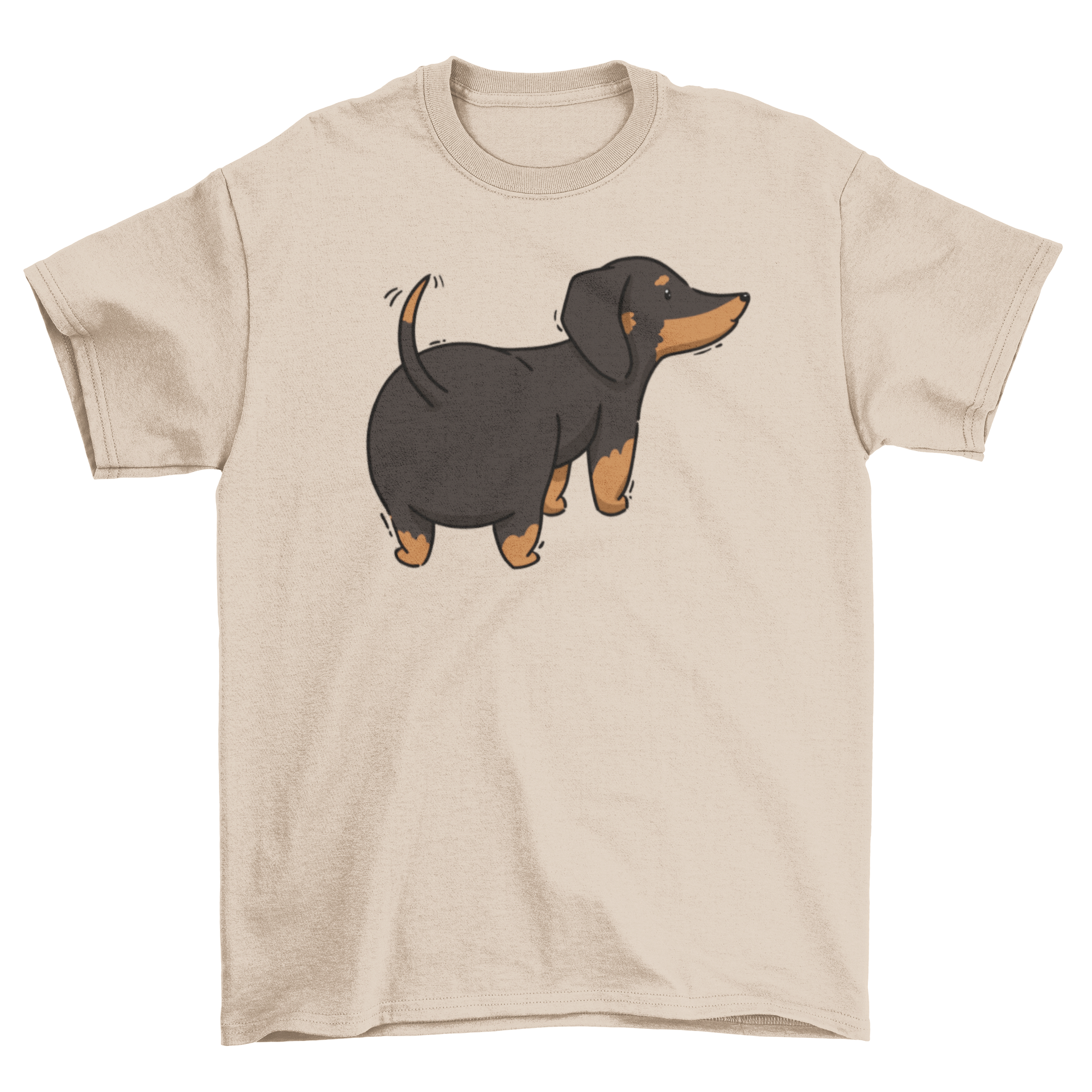 A cute dachshund dog waving its tail on a soft t-shirt, perfect for dog lovers.