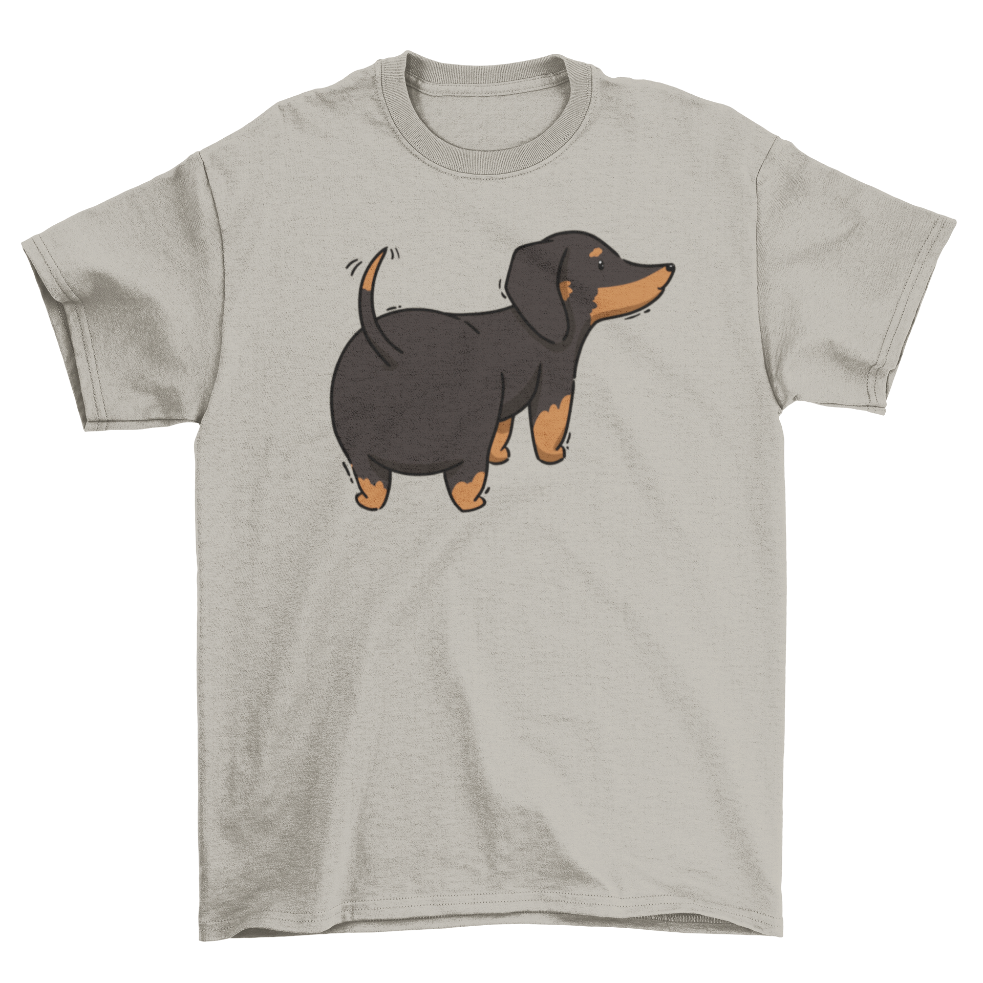 A cute dachshund dog waving its tail on a soft t-shirt, perfect for dog lovers.