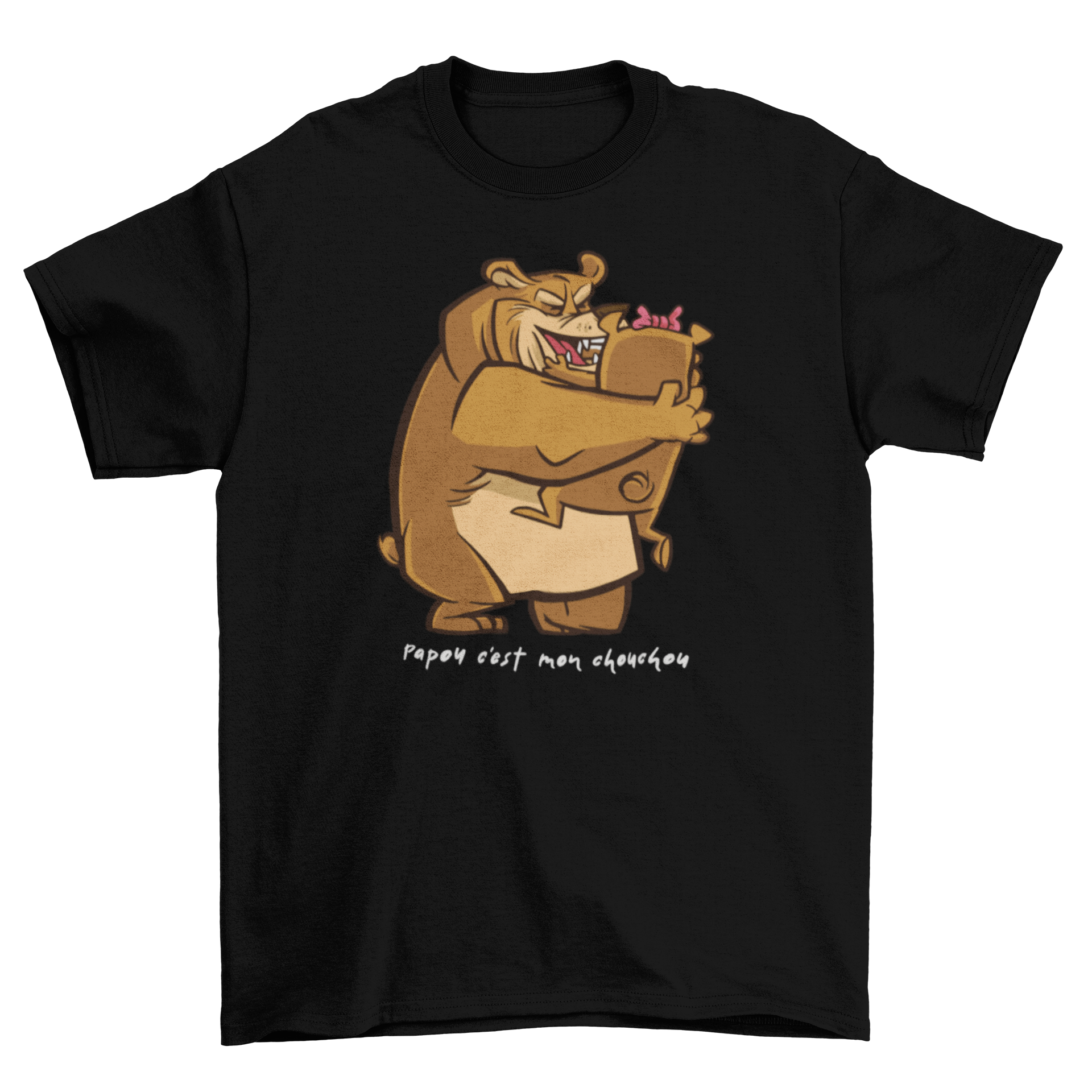 A cute Dad Bear T-shirt featuring a bear dad hugging its baby bear, perfect for fathers.