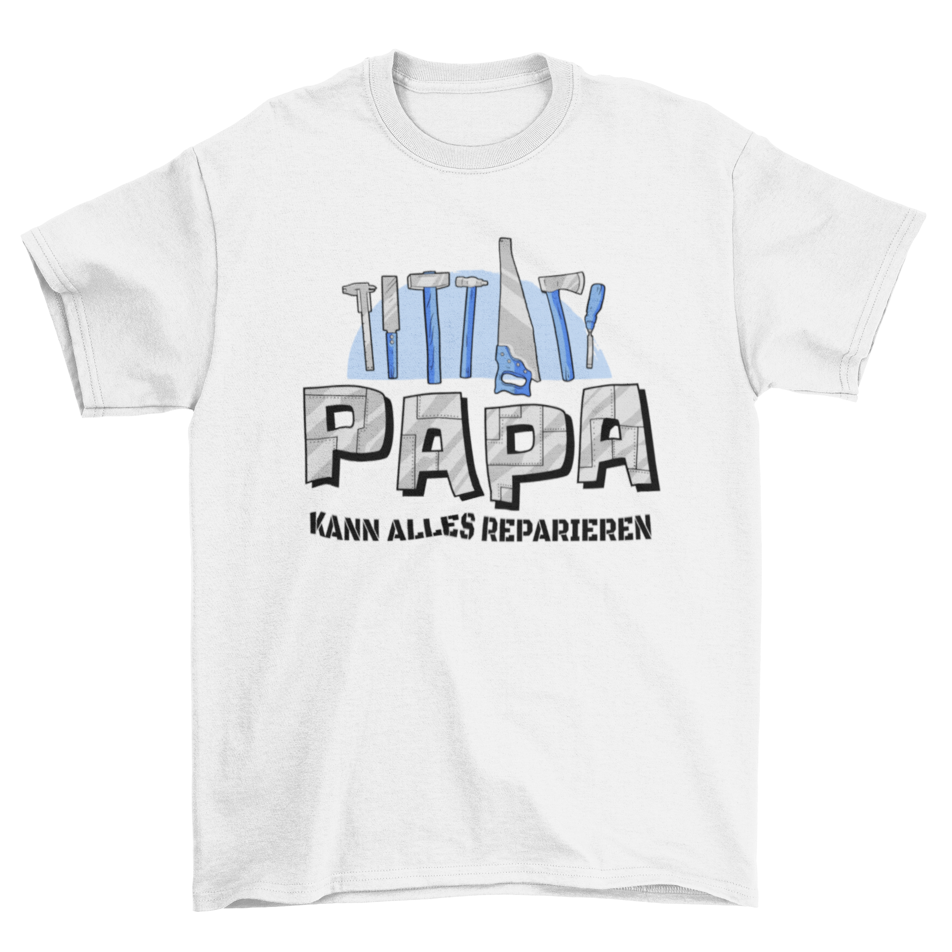 A stylish t-shirt featuring tools and the German quote 'Papa kann alles reparieren' celebrating dads' fixing skills.