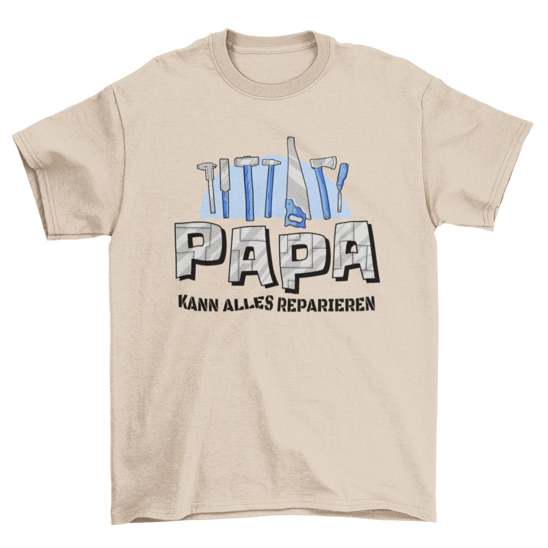 A stylish t-shirt featuring tools and the German quote 'Papa kann alles reparieren' celebrating dads' fixing skills.