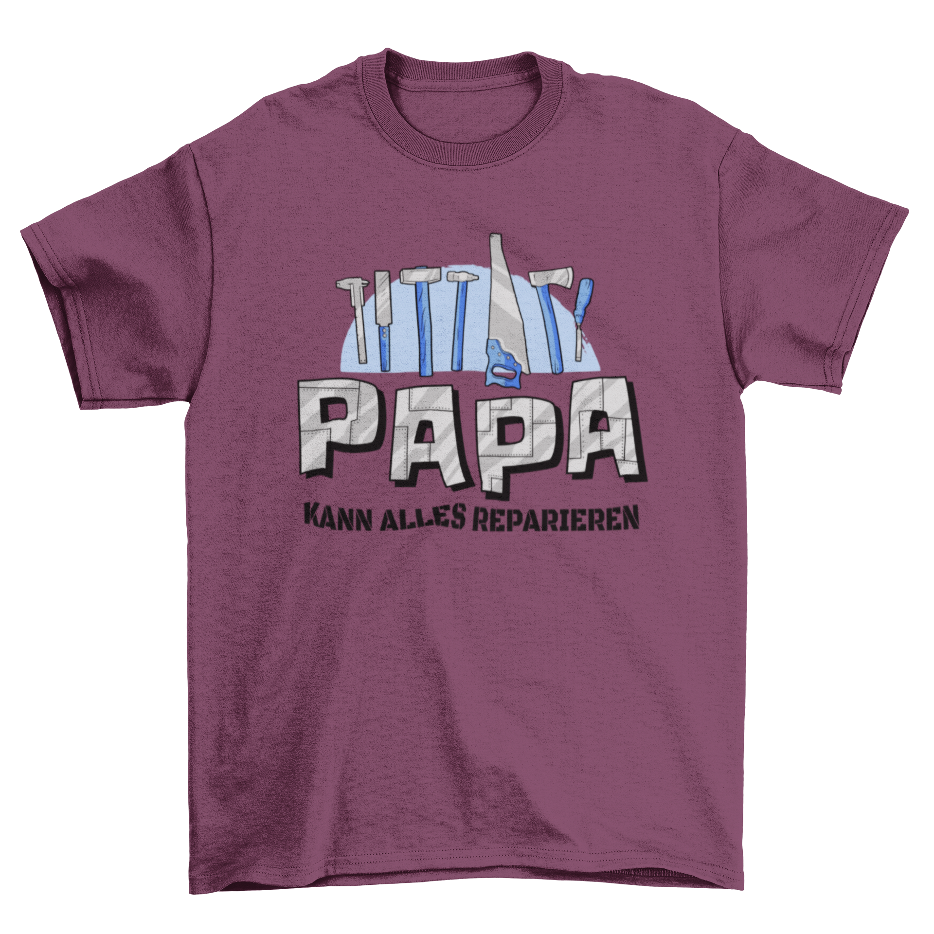 A stylish t-shirt featuring tools and the German quote 'Papa kann alles reparieren' celebrating dads' fixing skills.