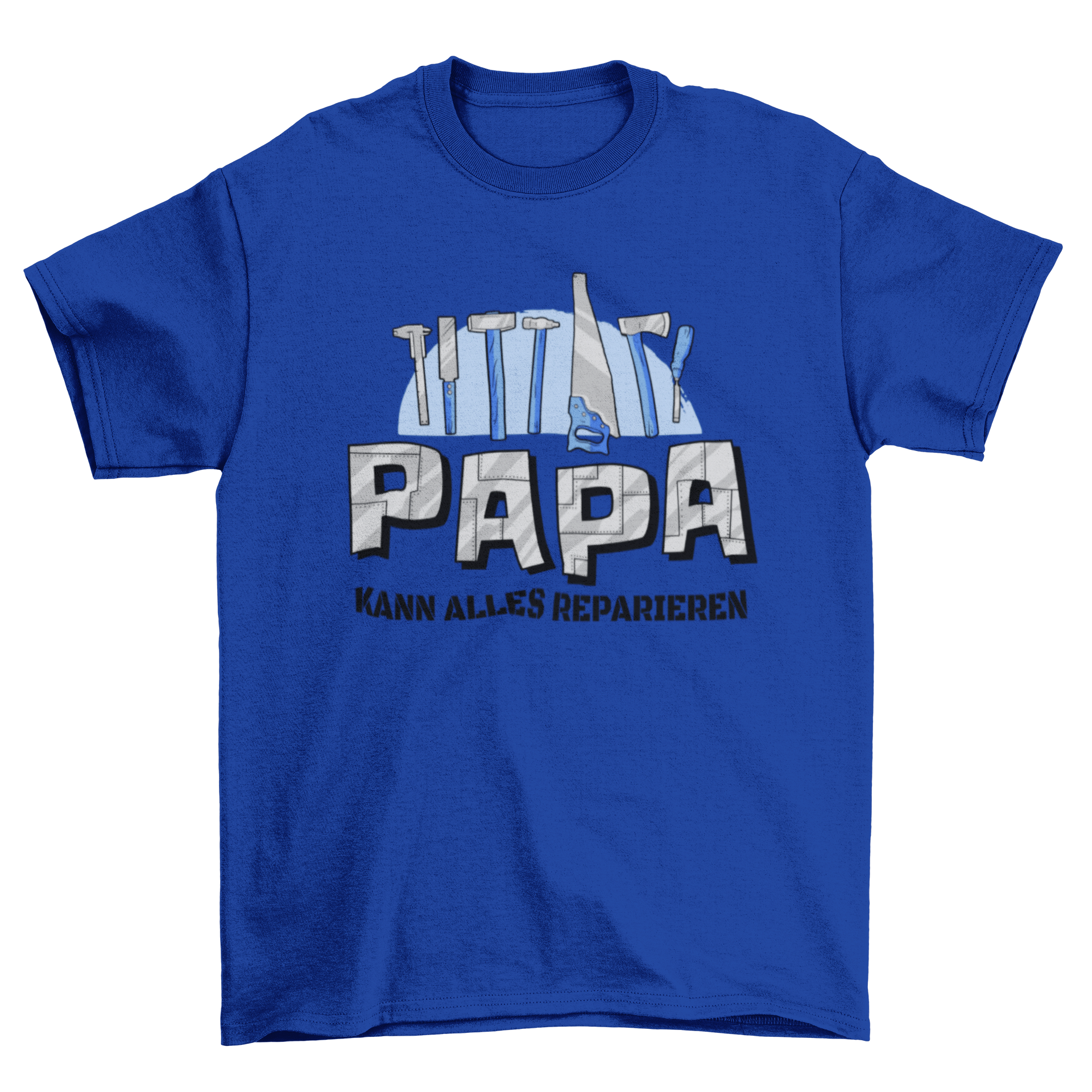 A stylish t-shirt featuring tools and the German quote 'Papa kann alles reparieren' celebrating dads' fixing skills.