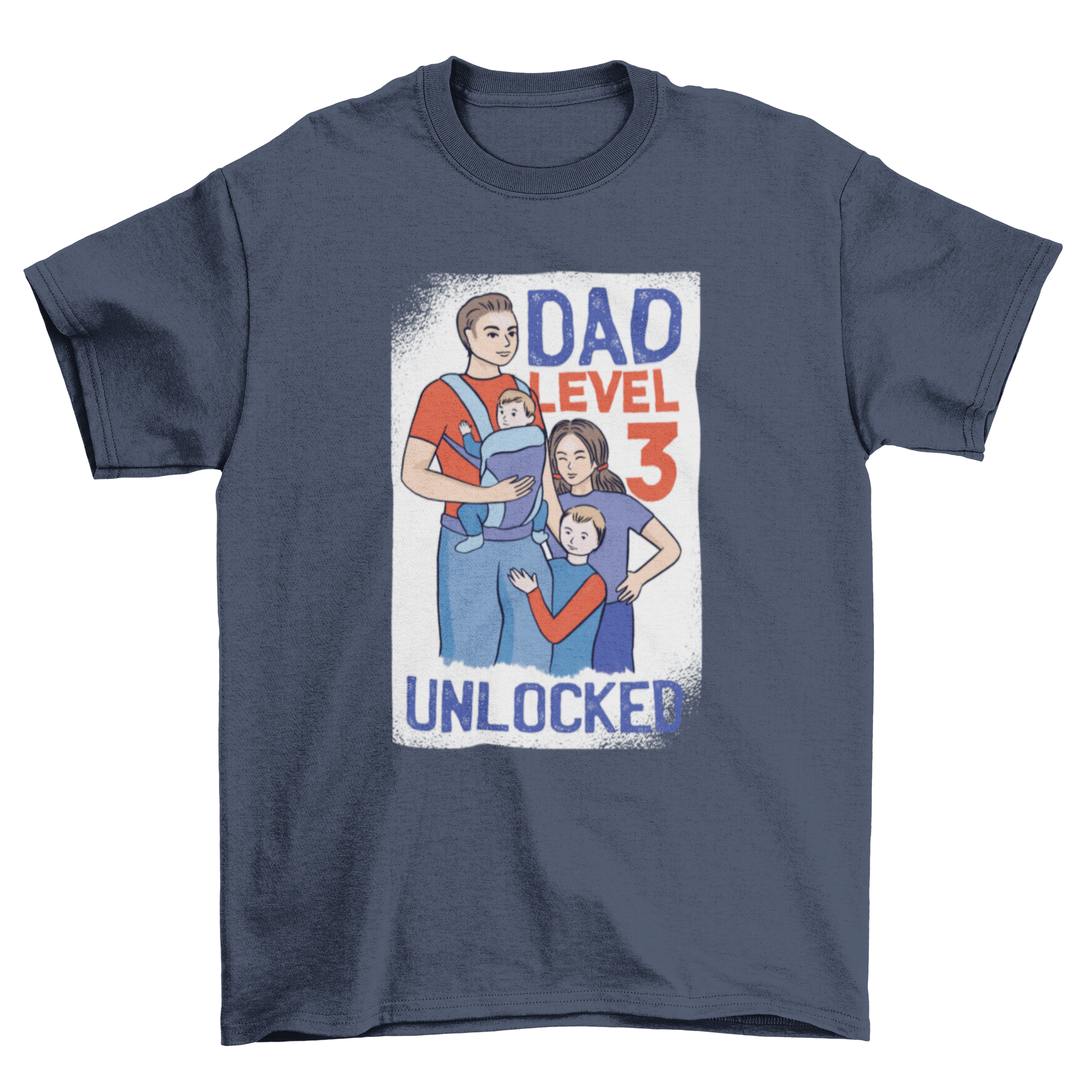 Dad Level 3 T-shirt featuring a dad with three children in a playful design.