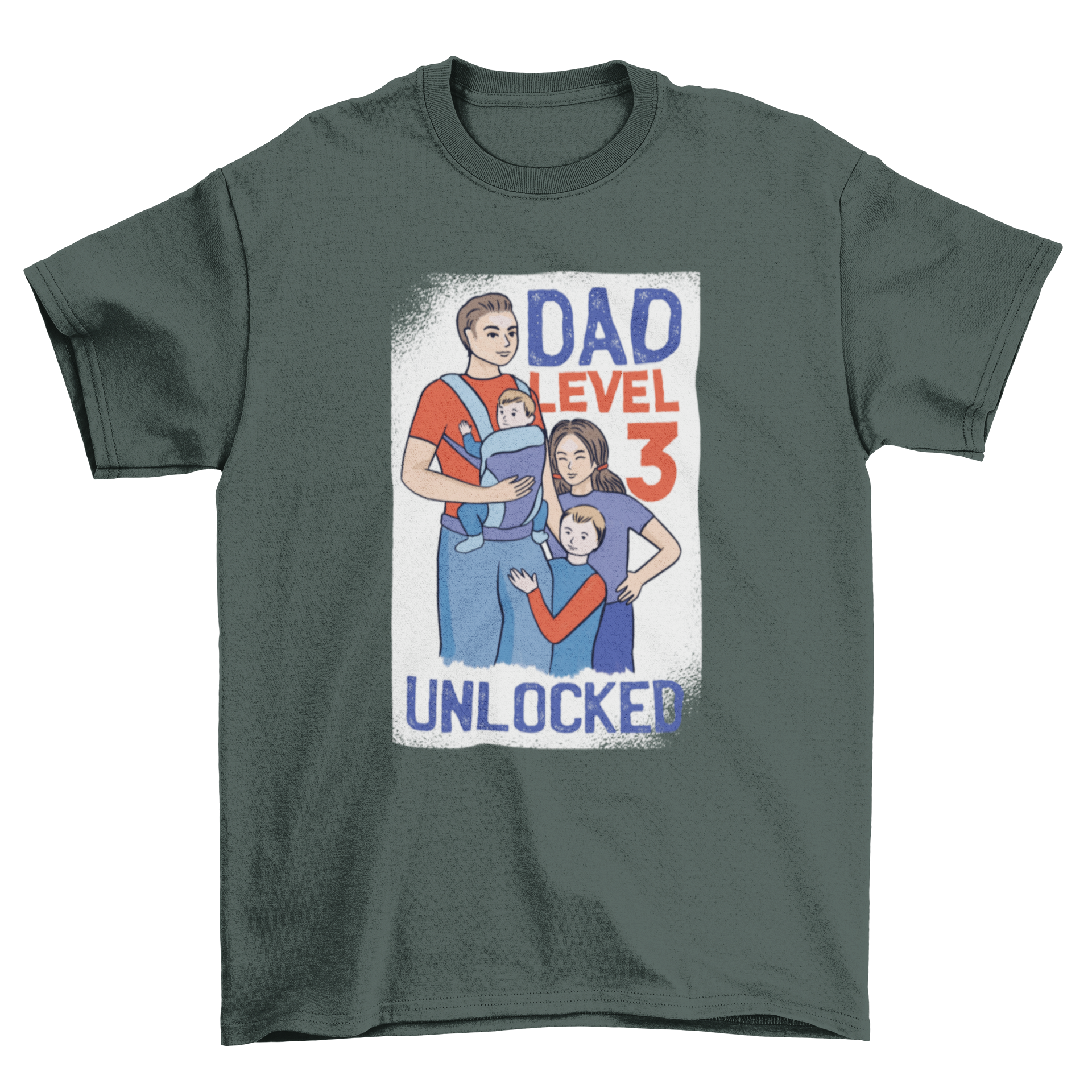 Dad Level 3 T-shirt featuring a dad with three children in a playful design.