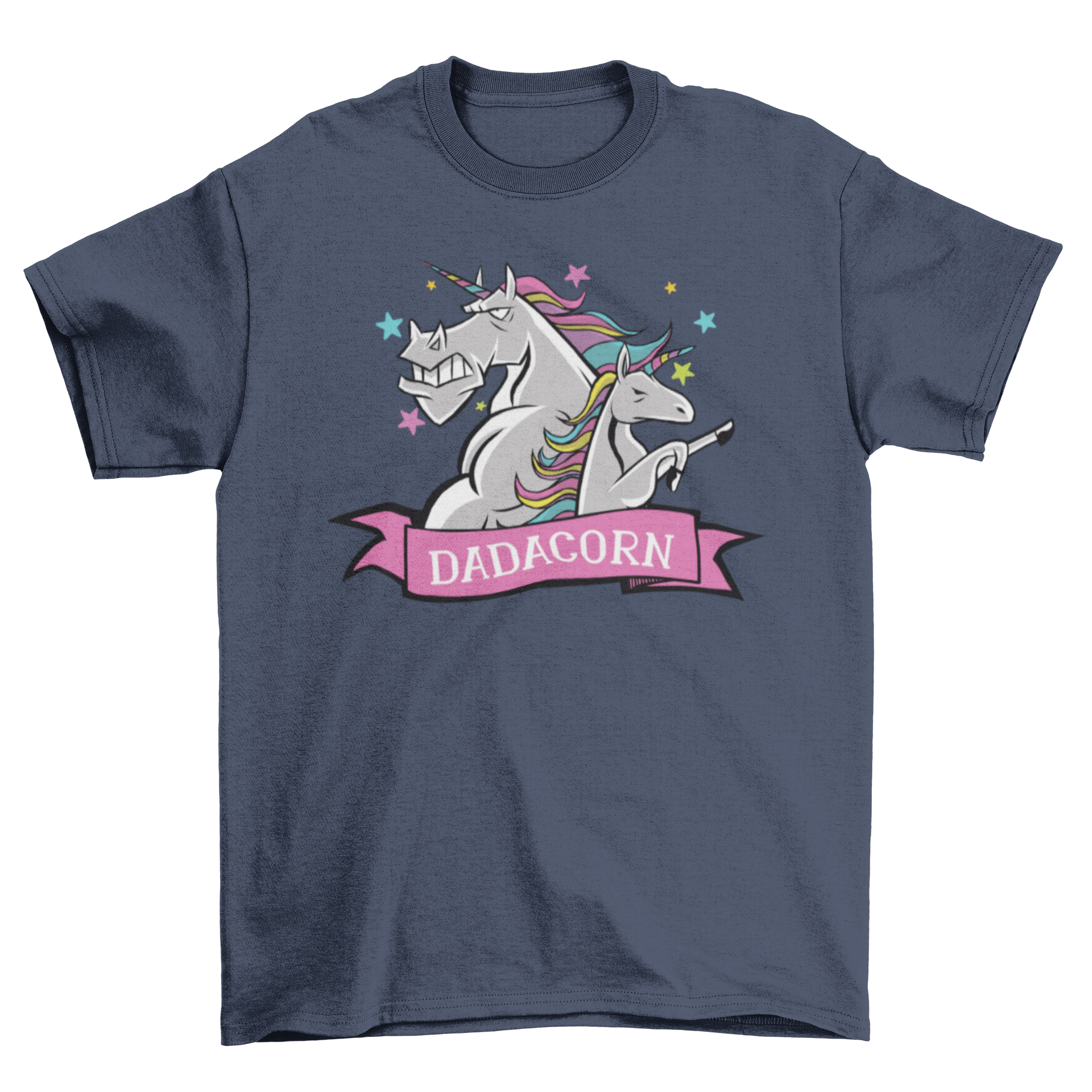 A colorful Dadacorn shirt featuring a Daddy Unicorn and baby unicorn with rainbow hair, perfect for Father's Day.