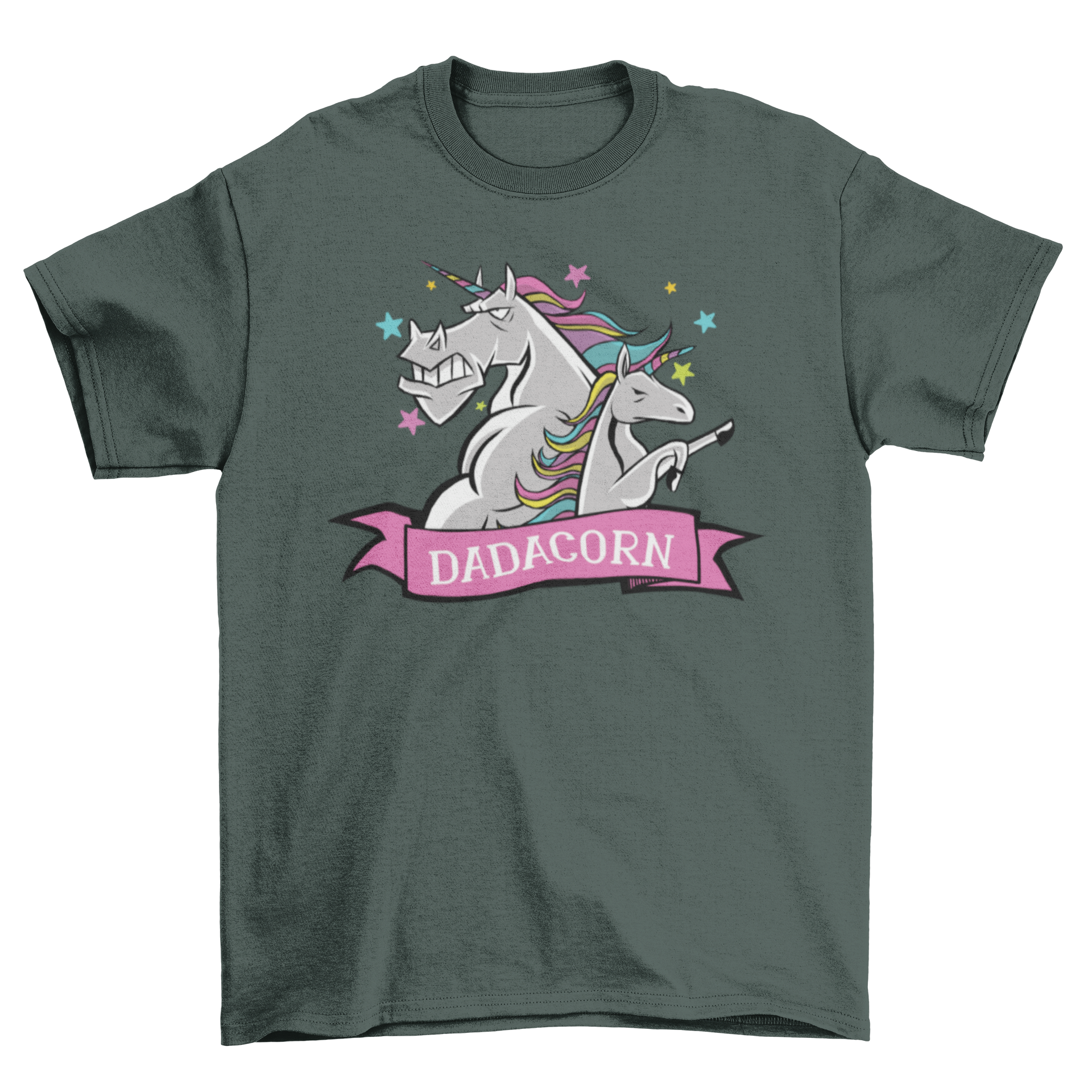 A colorful Dadacorn shirt featuring a Daddy Unicorn and baby unicorn with rainbow hair, perfect for Father's Day.