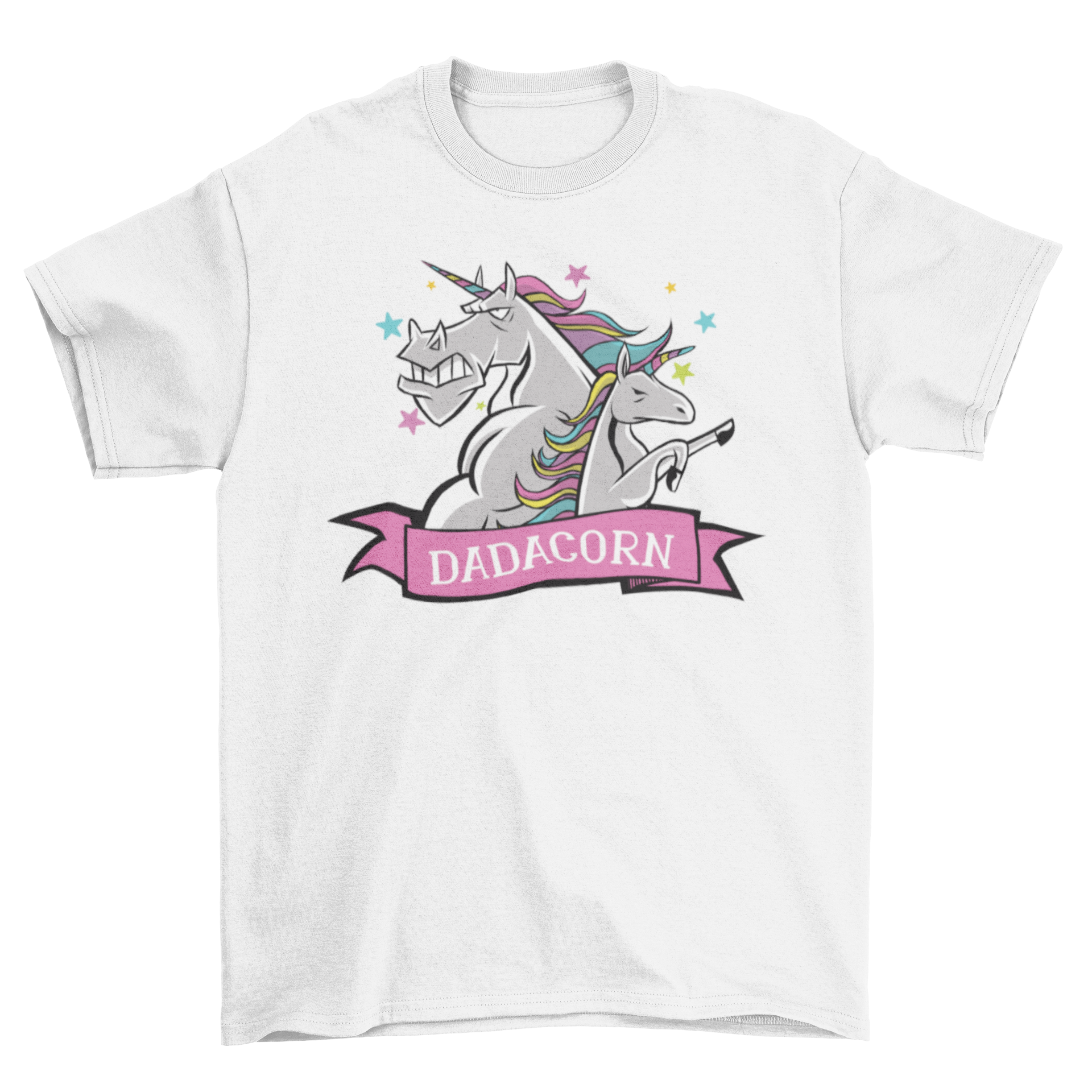 A colorful Dadacorn shirt featuring a Daddy Unicorn and baby unicorn with rainbow hair, perfect for Father's Day.