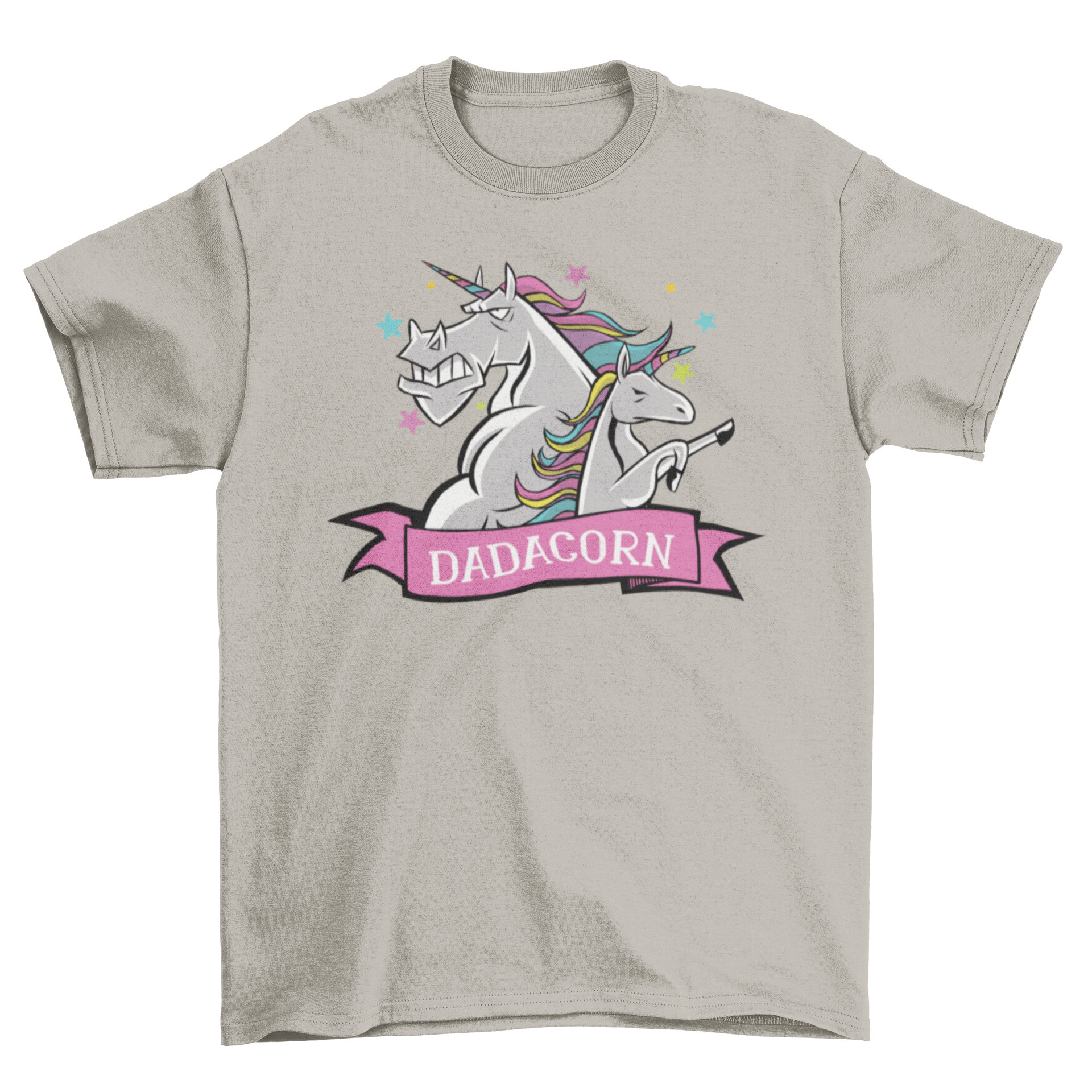 A colorful Dadacorn shirt featuring a Daddy Unicorn and baby unicorn with rainbow hair, perfect for Father's Day.