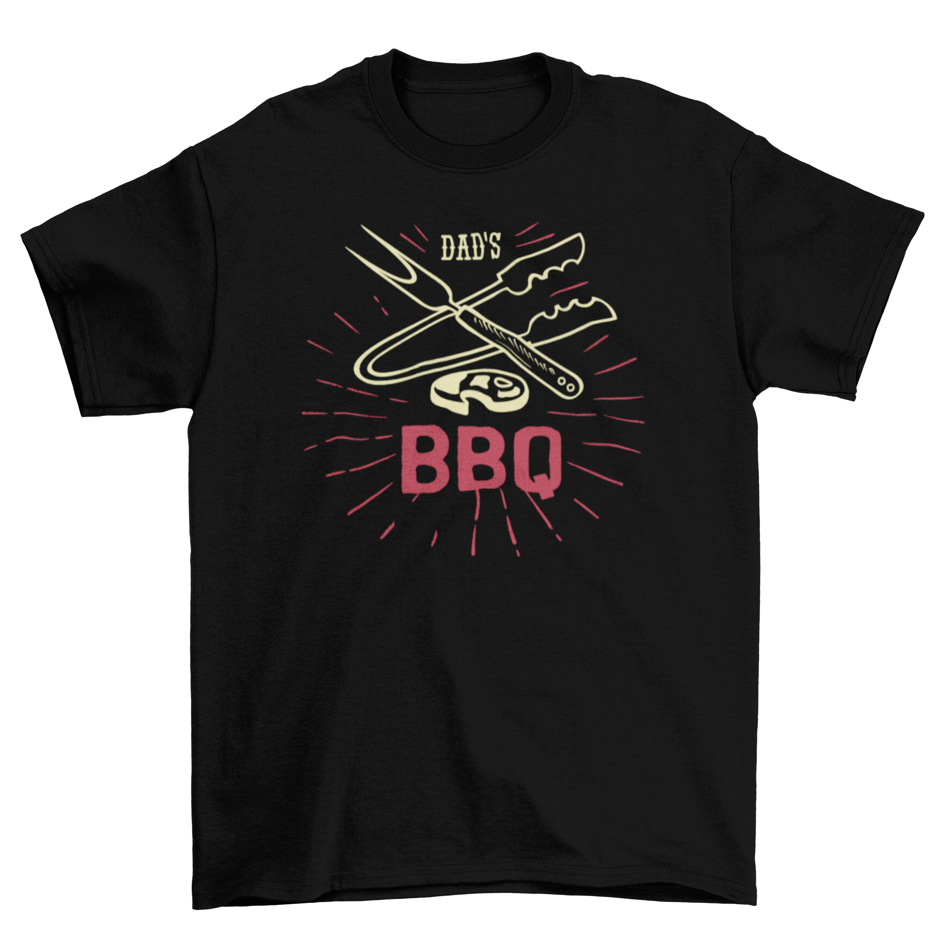 Dad's BBQ t-shirt featuring barbecue utensils and the quote 'Dad's BBQ' in a stylish design.