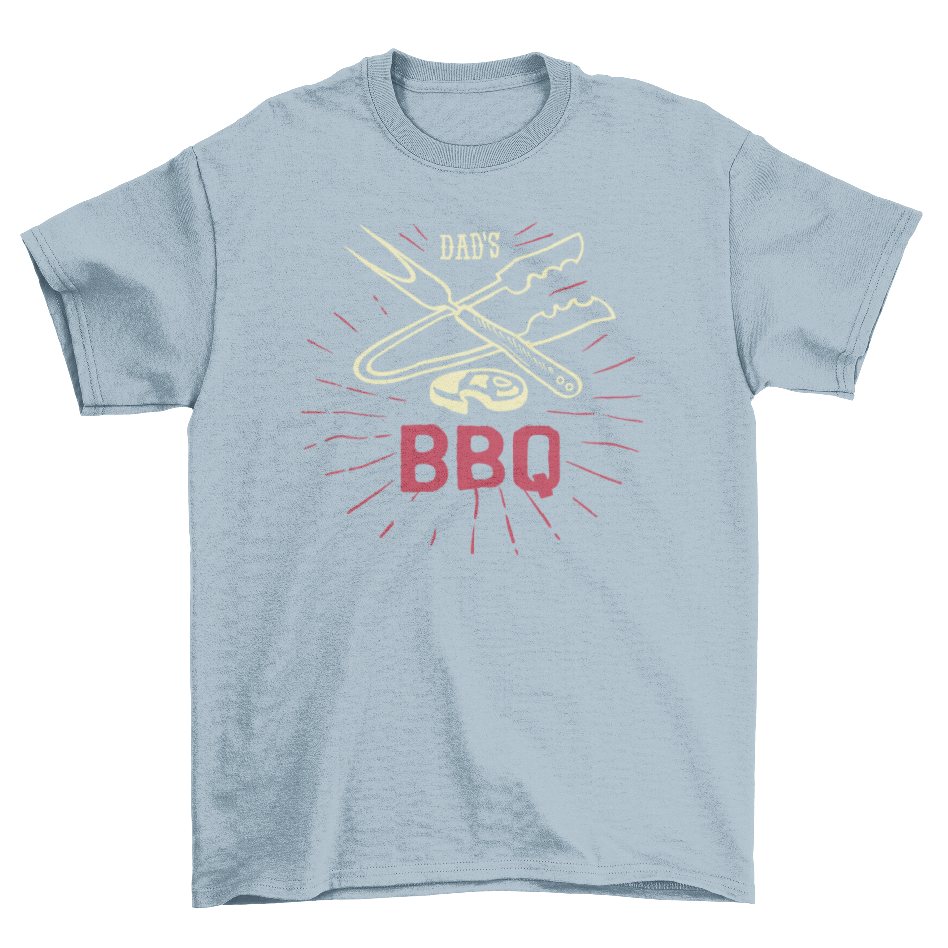 Dad's BBQ t-shirt featuring barbecue utensils and the quote 'Dad's BBQ' in a stylish design.