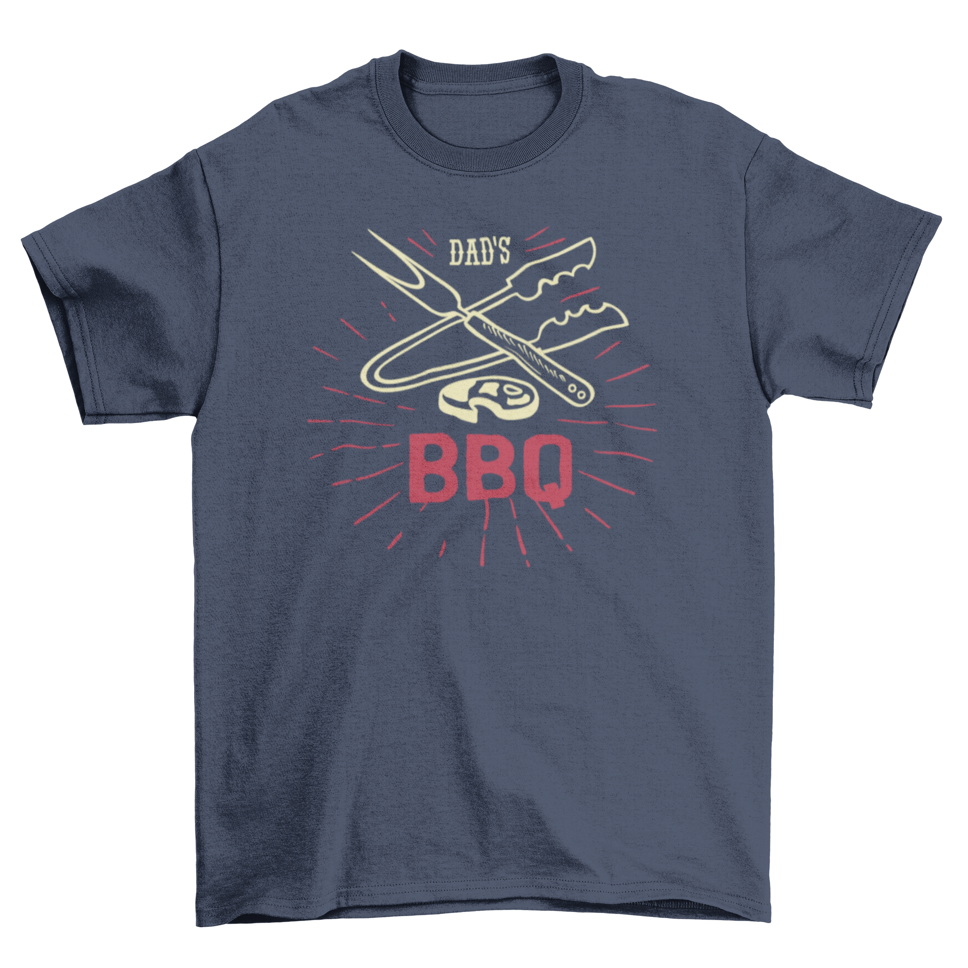 Dad's BBQ t-shirt featuring barbecue utensils and the quote 'Dad's BBQ' in a stylish design.