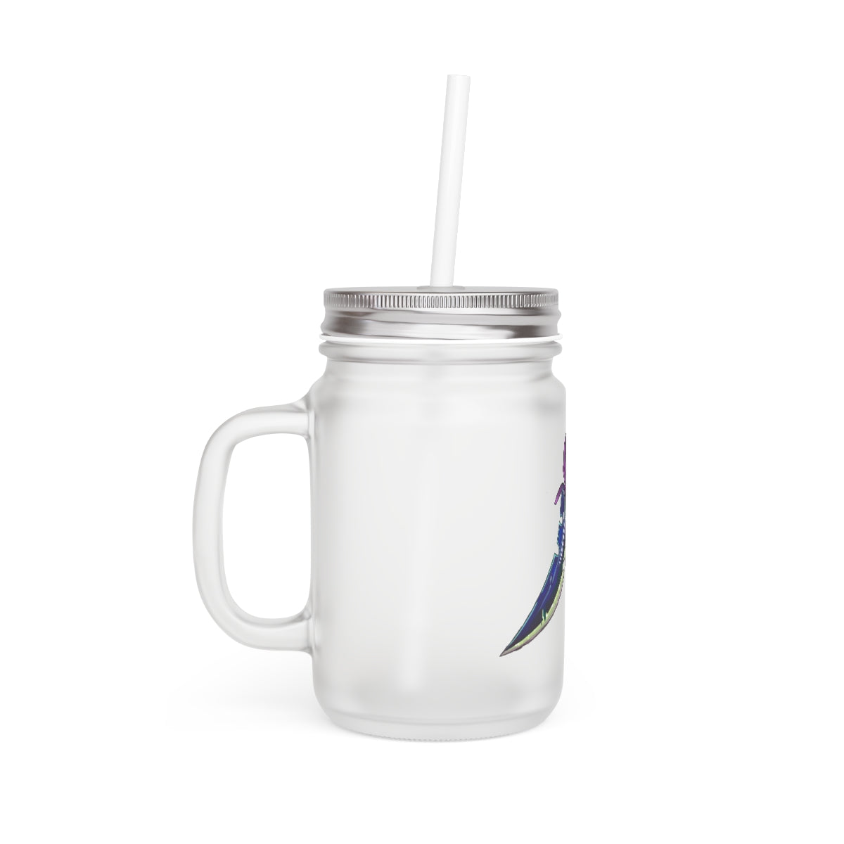 A stylish Dagger Mason Jar made of frosted glass, featuring a straw and lid, perfect for personalized drinks.