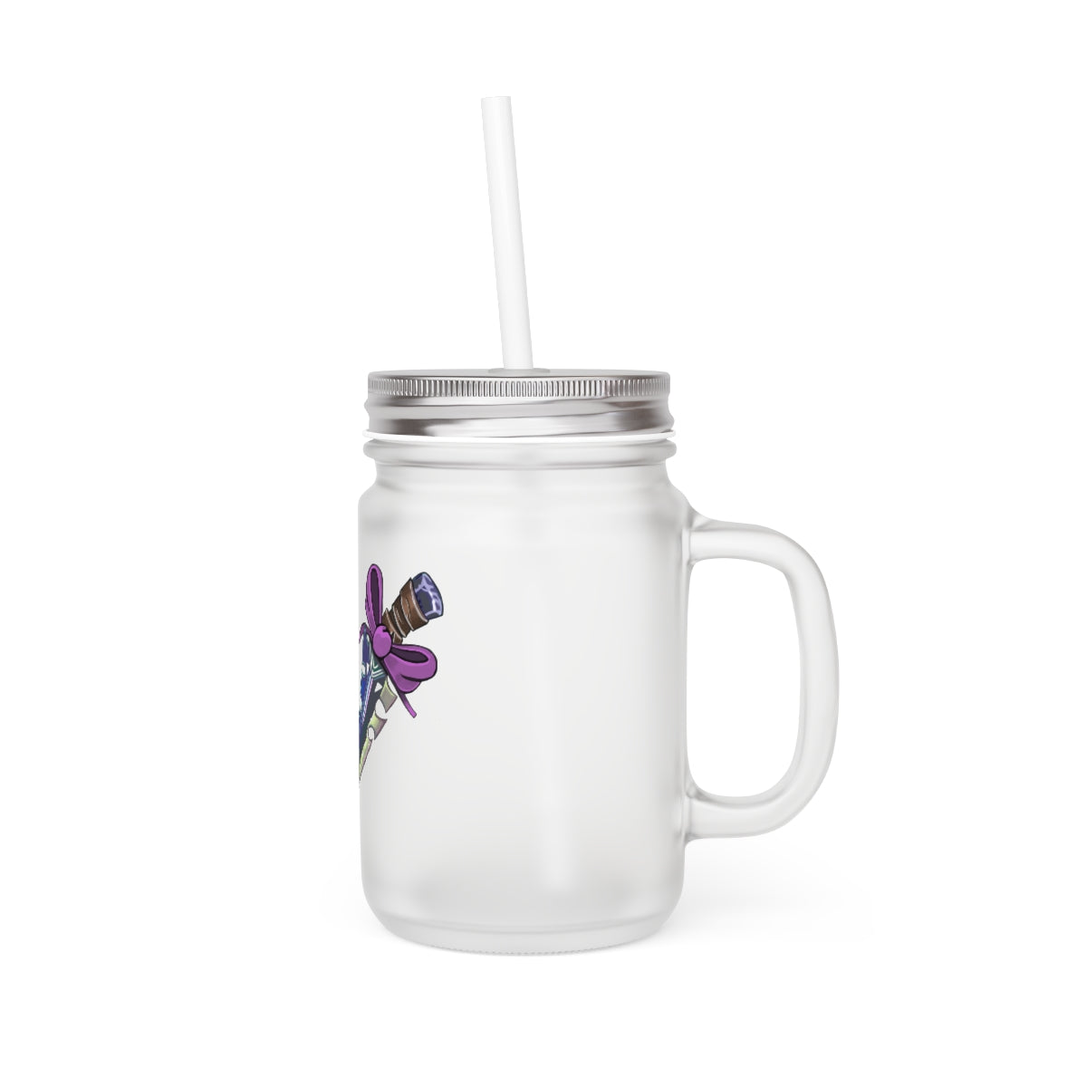 A stylish Dagger Mason Jar made of frosted glass, featuring a straw and lid, perfect for personalized drinks.