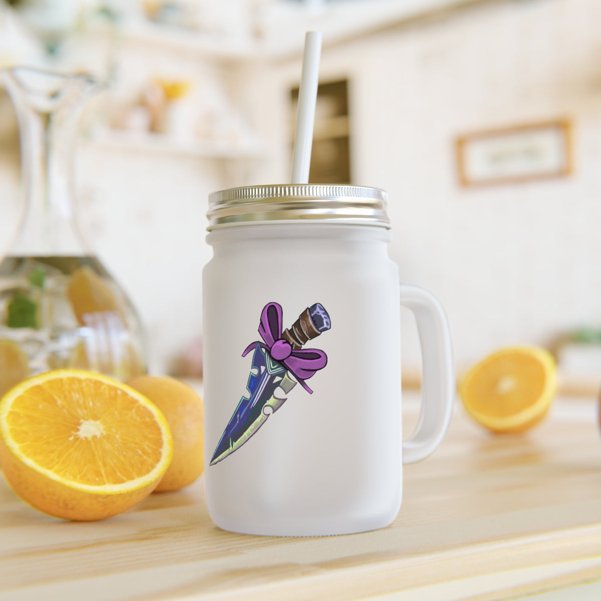 A stylish Dagger Mason Jar made of frosted glass, featuring a straw and lid, perfect for personalized drinks.