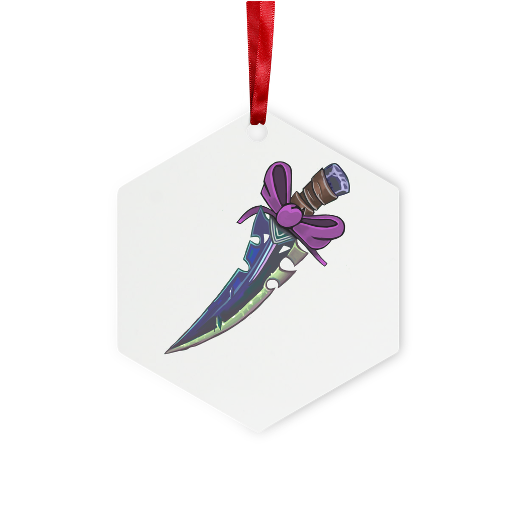 Dagger Metal Hanging Ornament in hexagon and star shapes, featuring a gloss white finish and red ribbon for hanging.