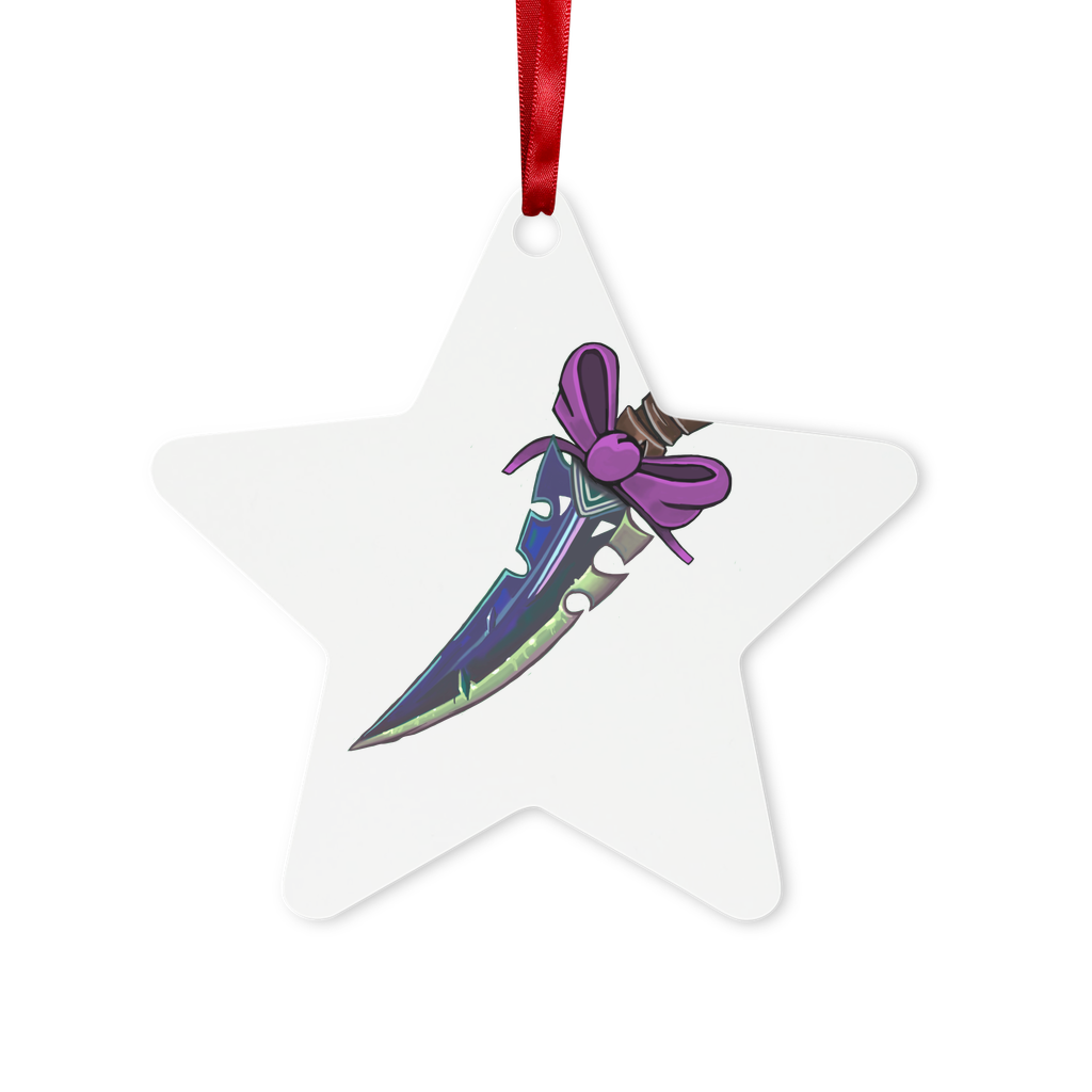 Dagger Metal Hanging Ornament in hexagon and star shapes, featuring a gloss white finish and red ribbon for hanging.