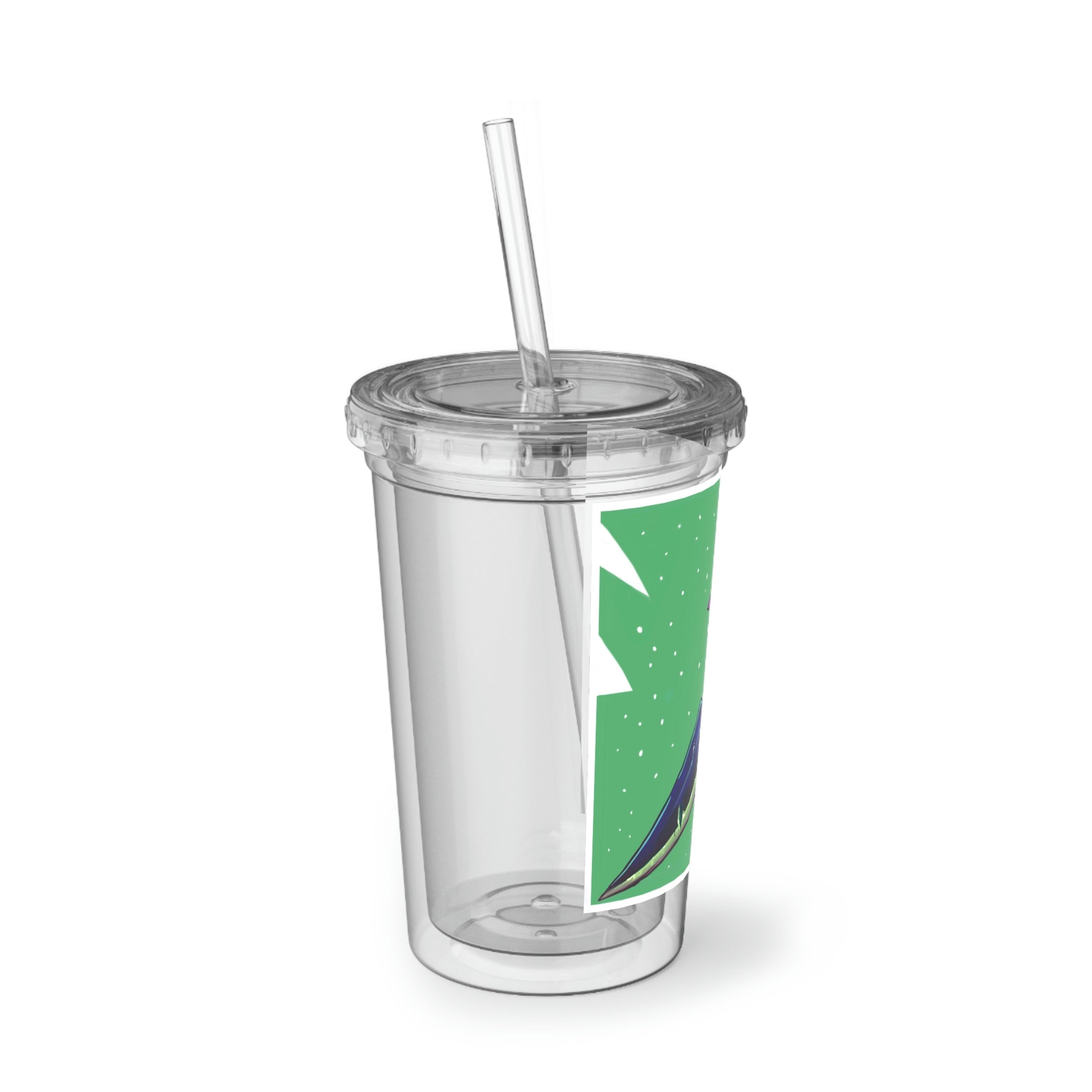 Dagger Suave Acrylic Cup in stainless steel with a black plastic cap and straw, showcasing its sleek design and 32 oz capacity.