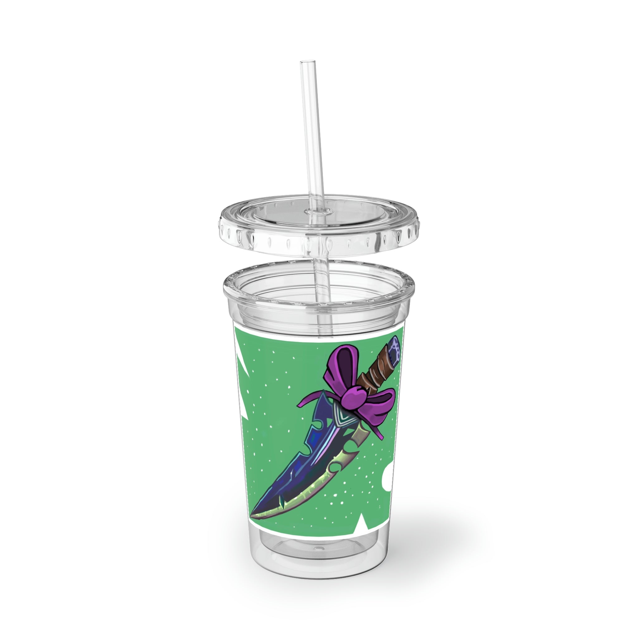 Dagger Suave Acrylic Cup in stainless steel with a black plastic cap and straw, showcasing its sleek design and 32 oz capacity.