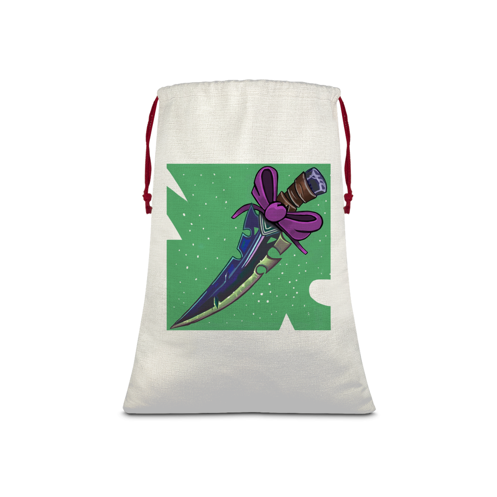 Dagger Sublimation Linen Drawstring Sack with red drawstring, showcasing eco-friendly print and linen texture, ideal for Christmas gifts.