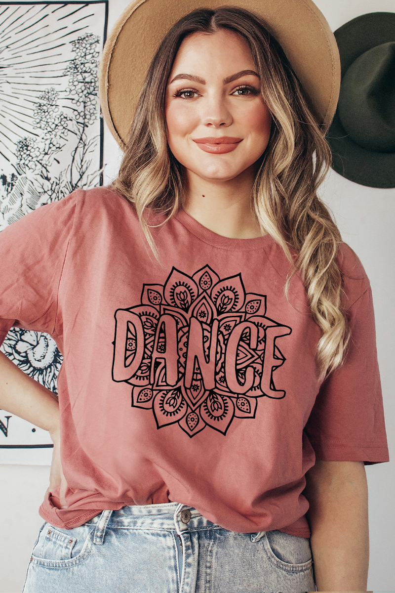 A stylish Dance T-shirt made from premium ring spun cotton, featuring a vibrant flex print design, available in various sizes.