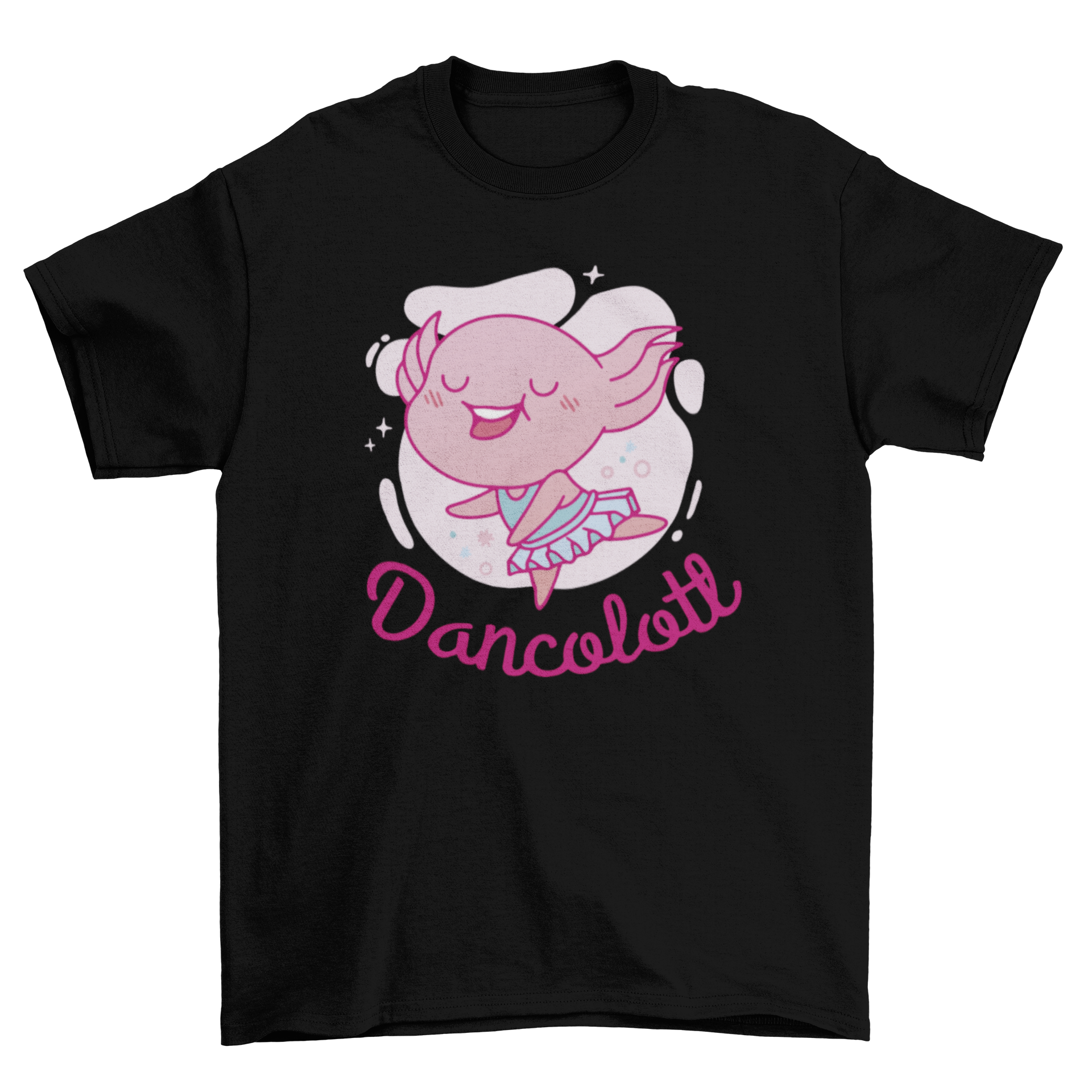 A cute Dancing Axolotl T-shirt featuring an axolotl in a ballet tutu with the quote 'Dancolotl'.