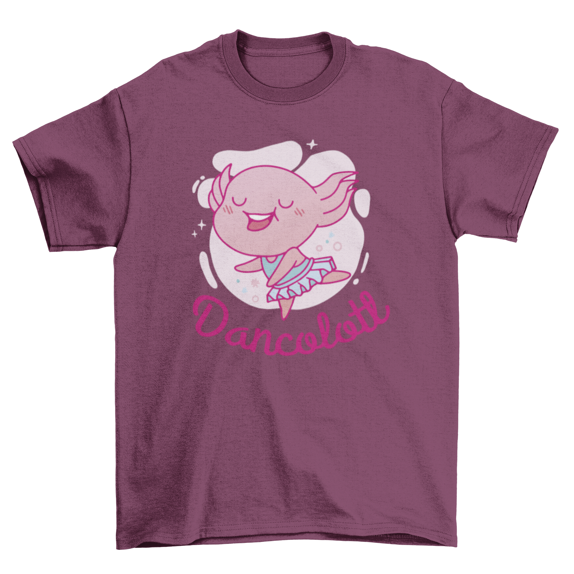 A cute Dancing Axolotl T-shirt featuring an axolotl in a ballet tutu with the quote 'Dancolotl'.