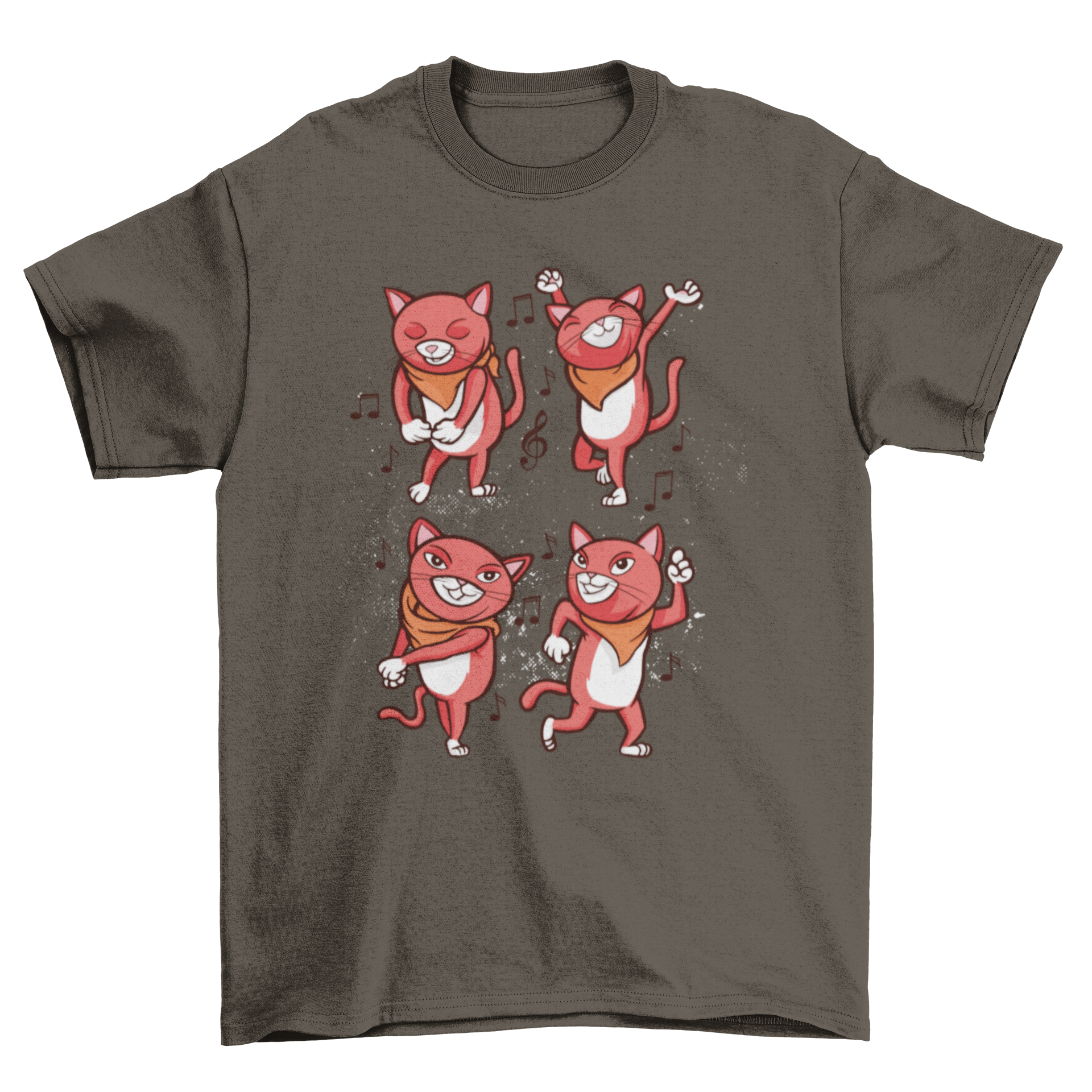 A vibrant t-shirt featuring four cartoon cats dancing joyfully in colorful designs.