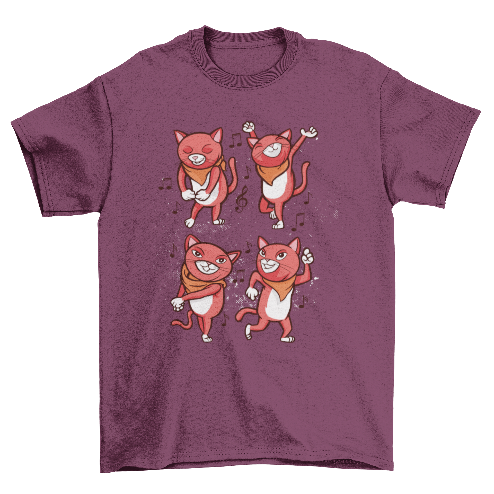 A vibrant t-shirt featuring four cartoon cats dancing joyfully in colorful designs.