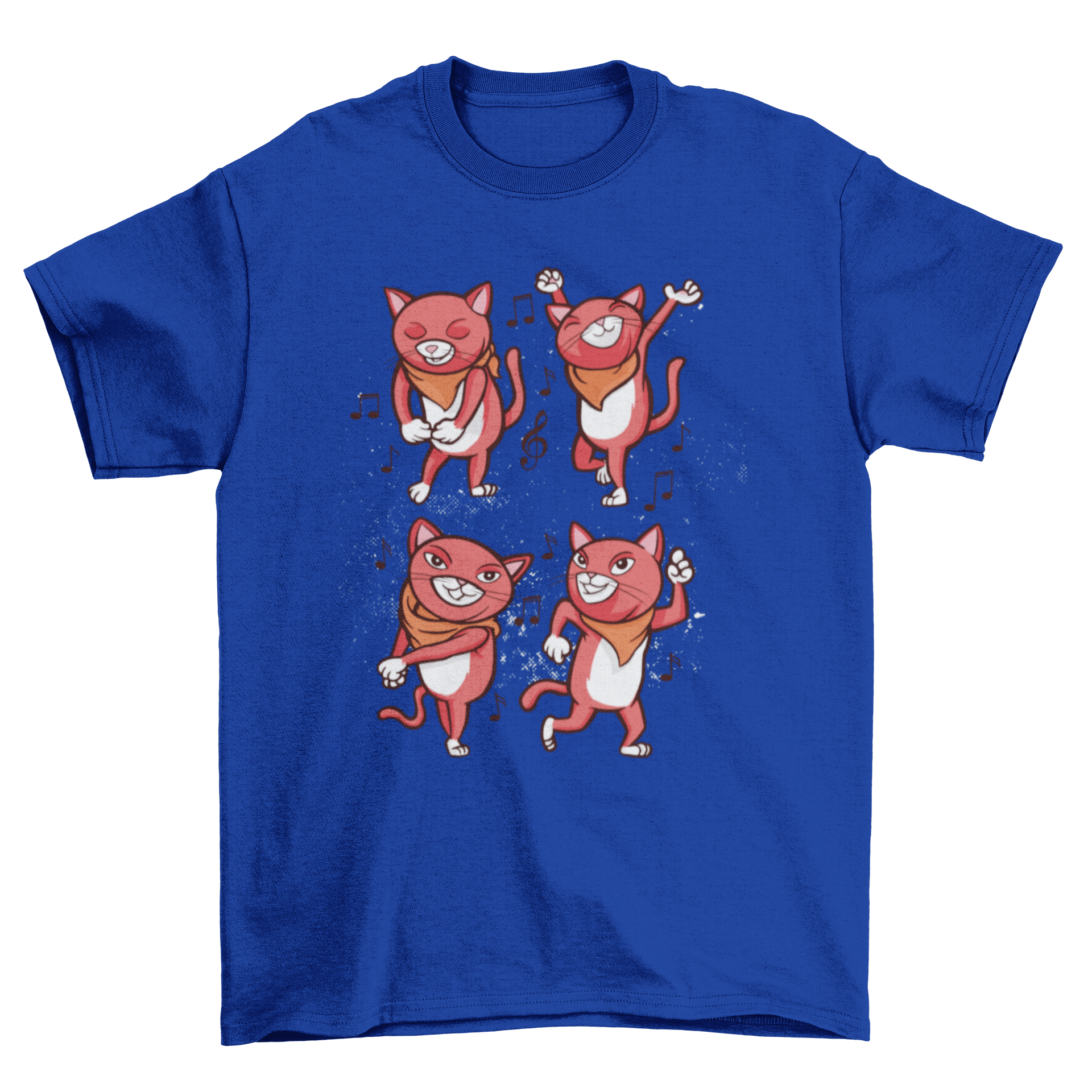 A vibrant t-shirt featuring four cartoon cats dancing joyfully in colorful designs.