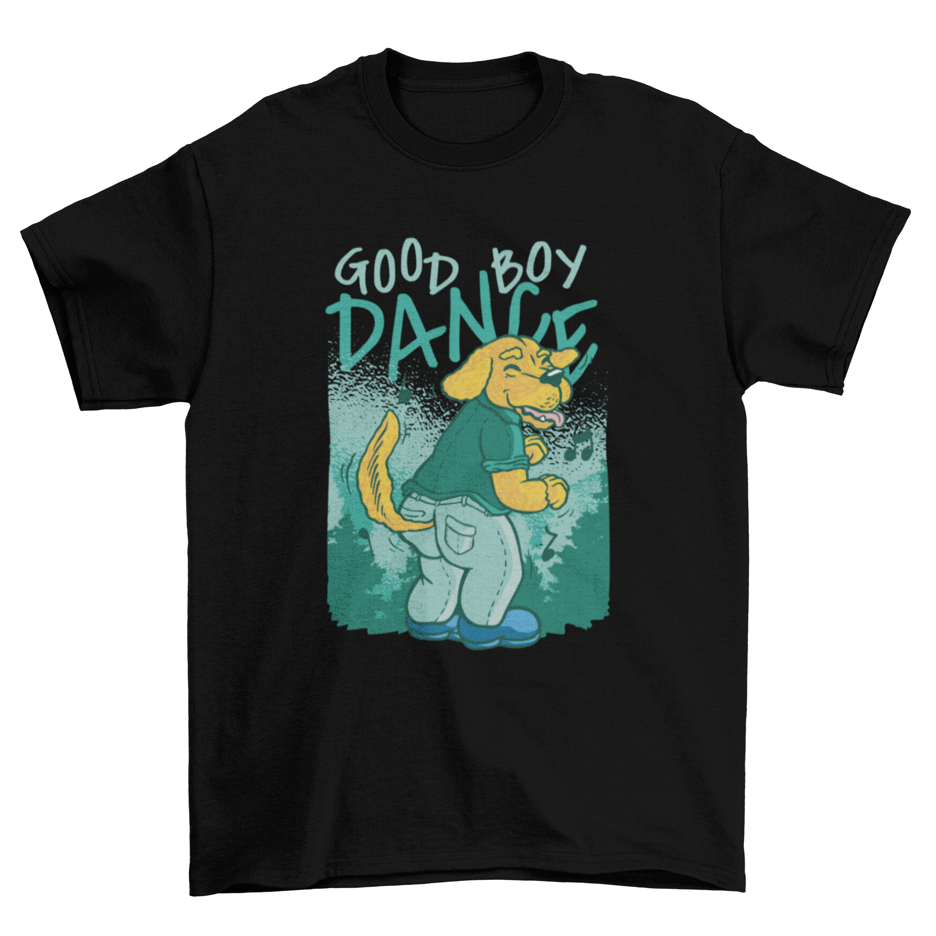 A vibrant cartoon t-shirt design featuring a dancing dog with the quote 'Good boy dance', perfect for dog lovers.