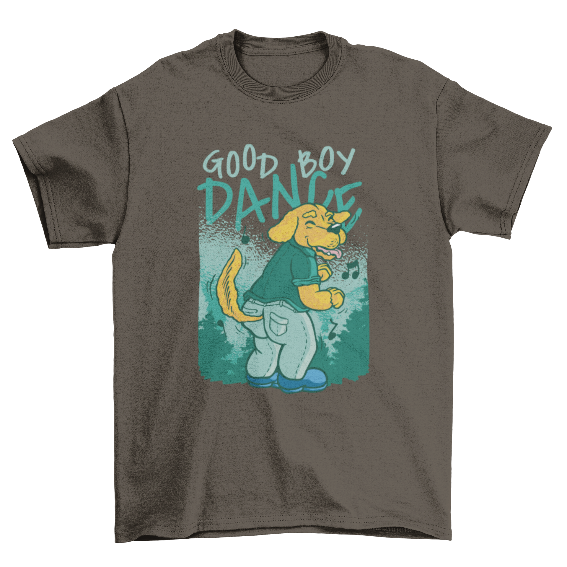 A vibrant cartoon t-shirt design featuring a dancing dog with the quote 'Good boy dance', perfect for dog lovers.