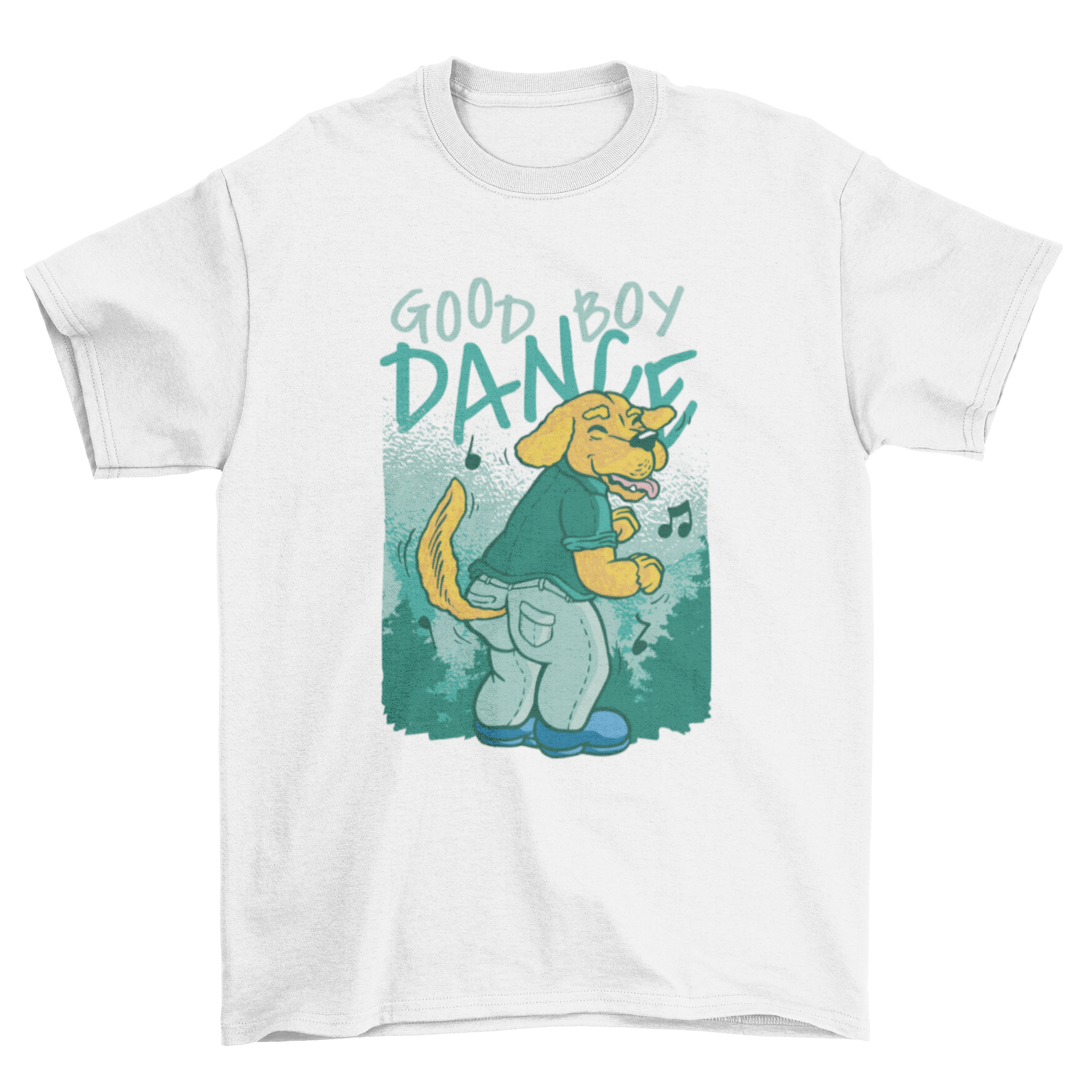 A vibrant cartoon t-shirt design featuring a dancing dog with the quote 'Good boy dance', perfect for dog lovers.