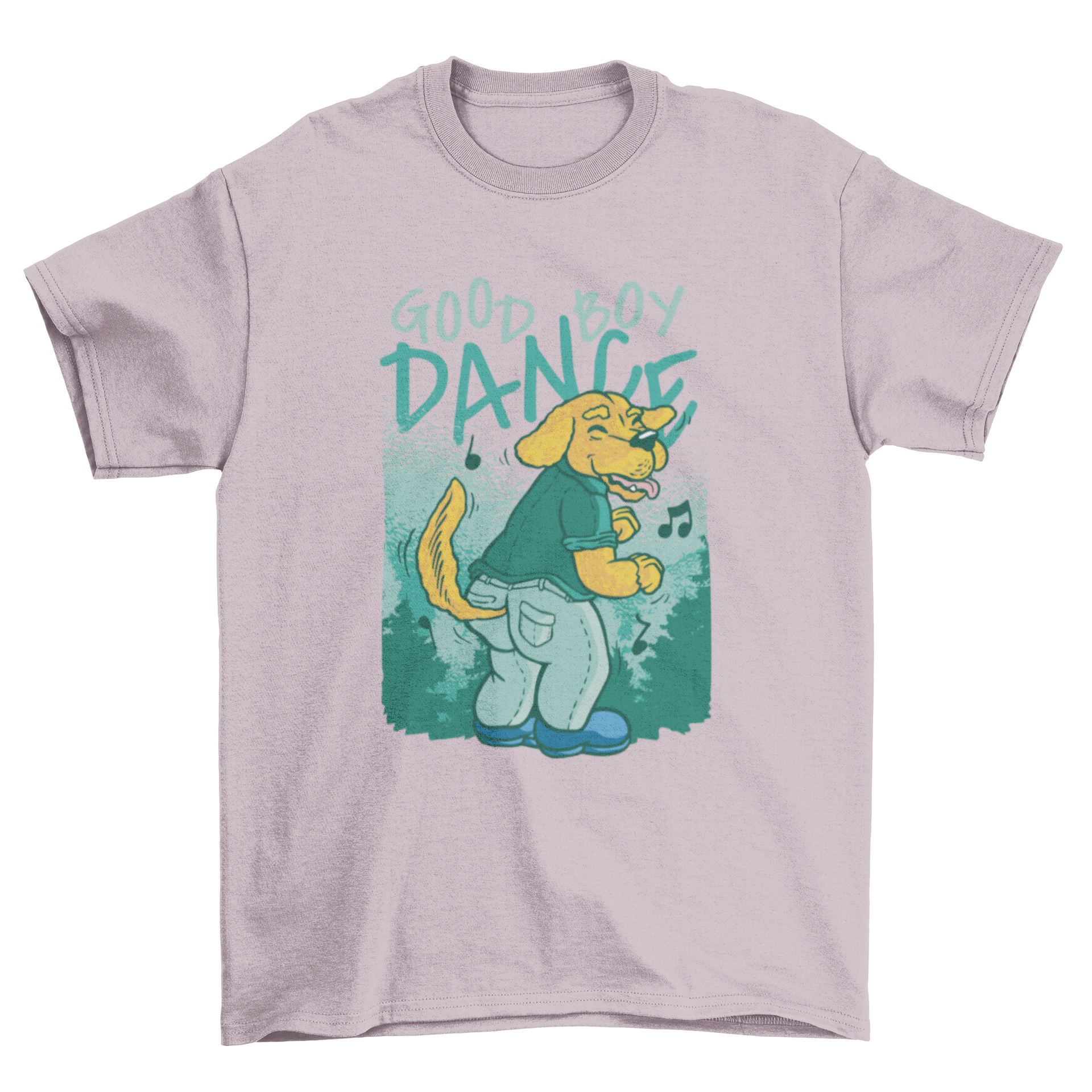 A vibrant cartoon t-shirt design featuring a dancing dog with the quote 'Good boy dance', perfect for dog lovers.