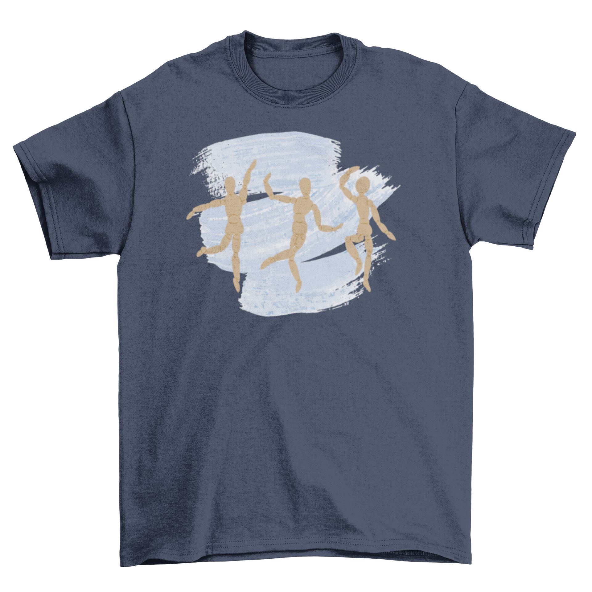 A stylish Dancing Manikin Watercolor T-Shirt featuring three colorful dancing manikins in a vibrant watercolor design.